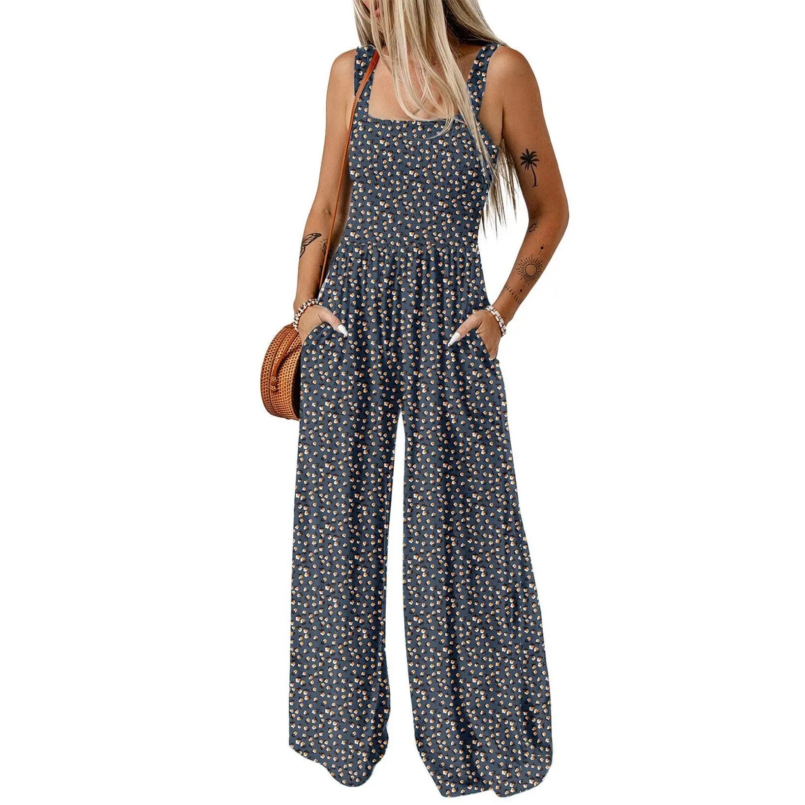 Women's Casual Loose Overalls Jumpsuits One Piece Sleeveless Printed Wide Leg Long Pant Rompers With Pockets