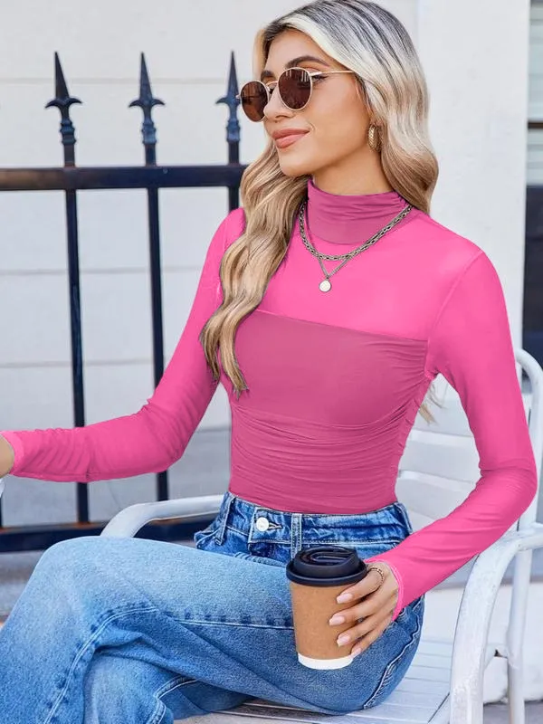 Women's Plain Round Neck Sheer Mesh Patchwork Long Sleeve Sexy Top