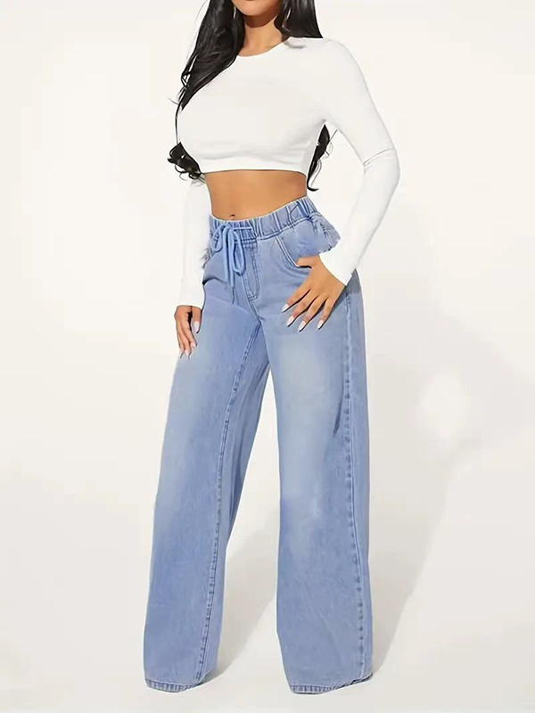 Drawstring Elasticity Split-Joint High Waisted Loose Jean Pants Bottoms