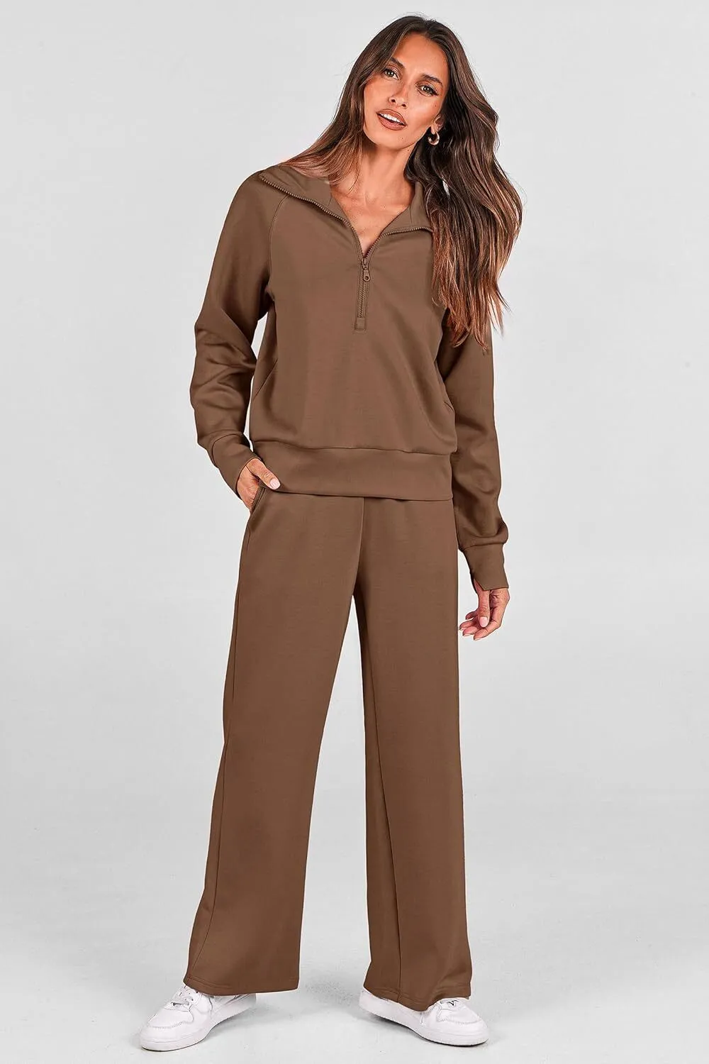 🔥Final Day Clearance!🛒Women's 2 Piece Outfits Casual Lapel Half Zip Sweatshirts And Wide Leg Pants Tracksuit Sets
