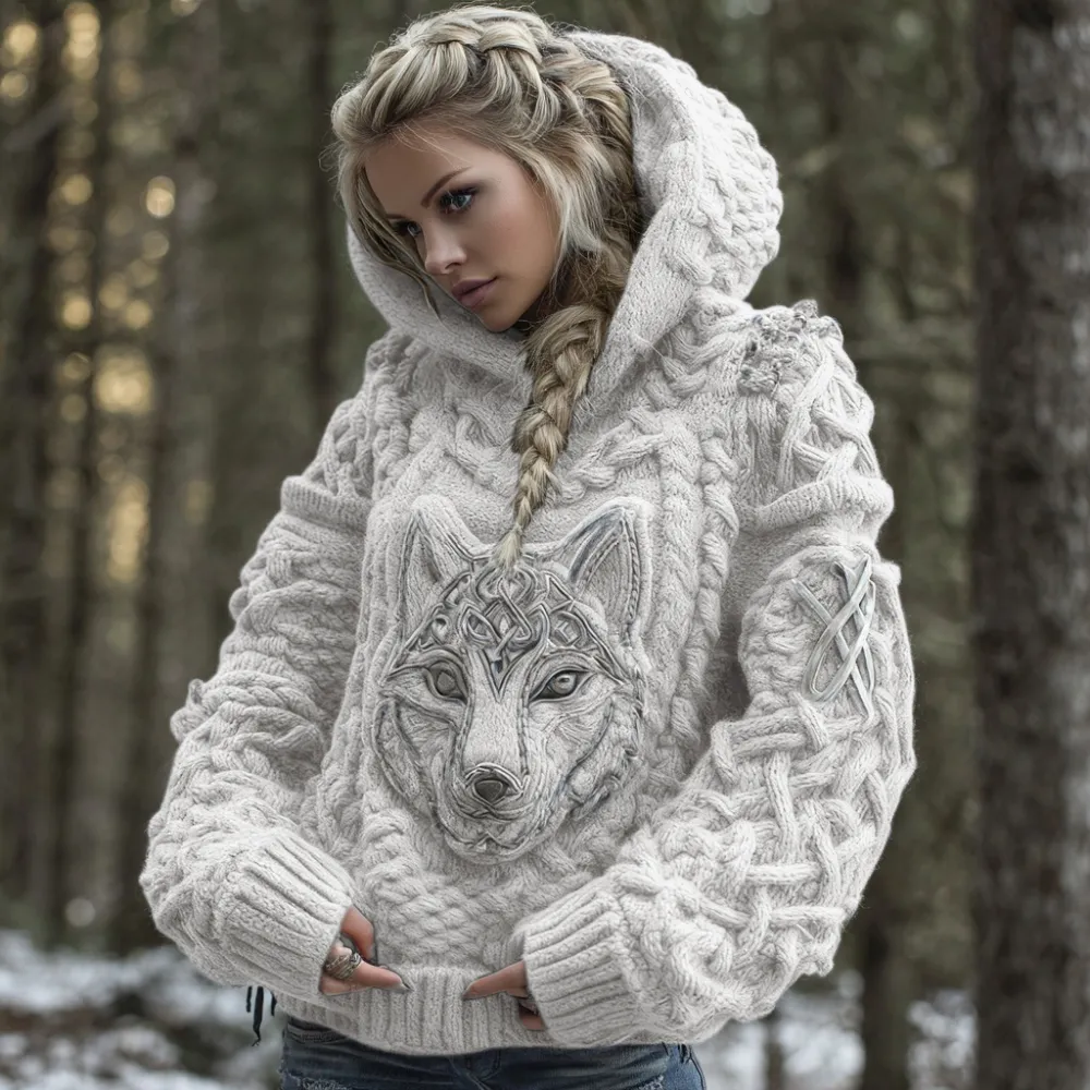 Women's Viking Celtic Wolf Knit Jacquard Warm Hooded Sweater