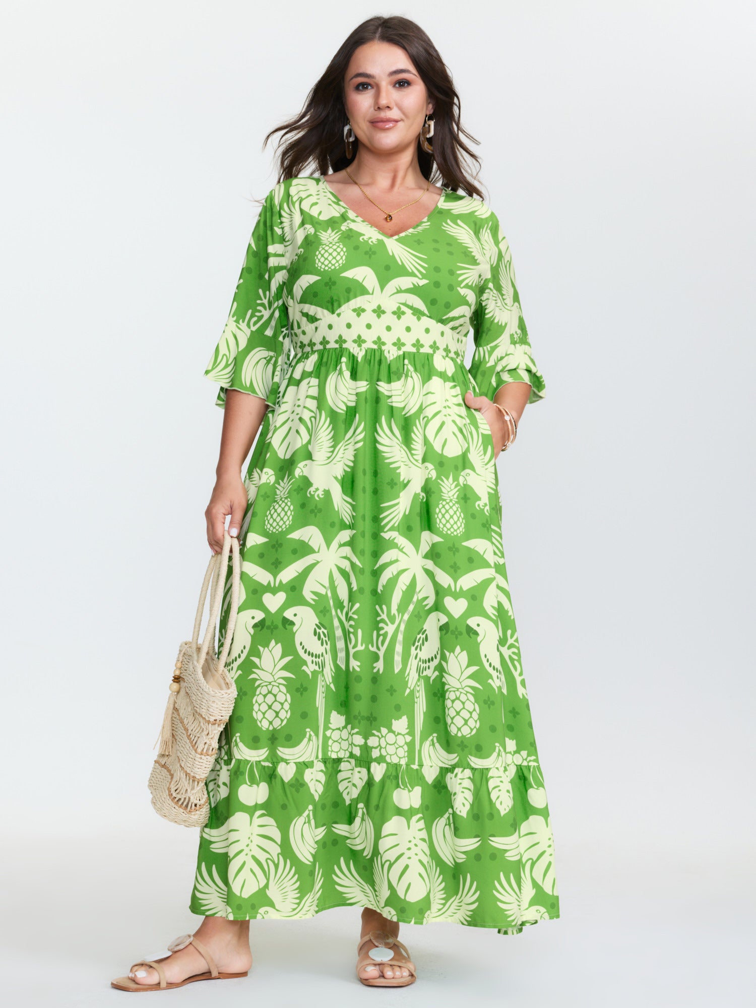 Breezy Tropical Print Waist Defining Maxi Dress