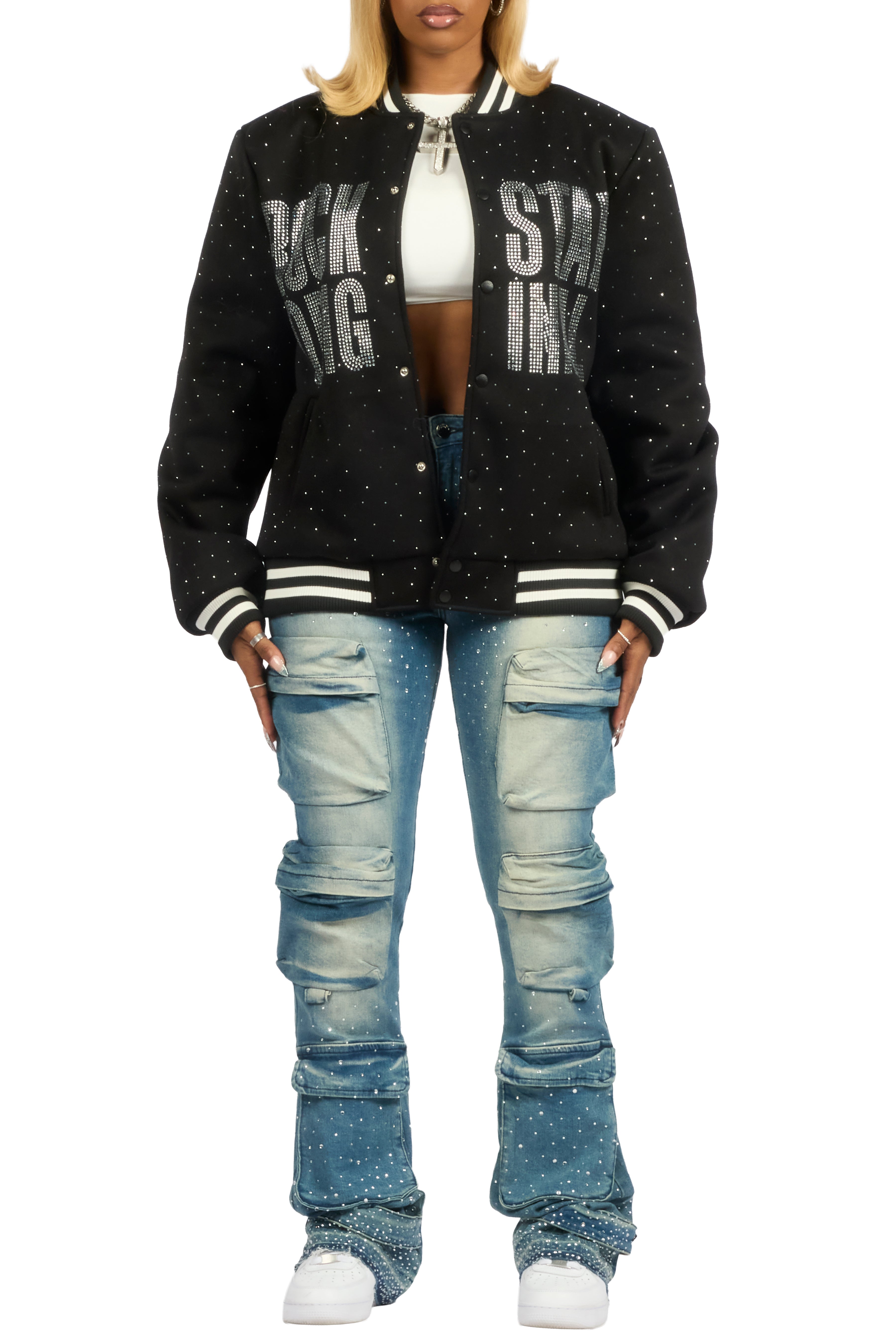 Nakiah Black Rhinestone Varsity Jacket