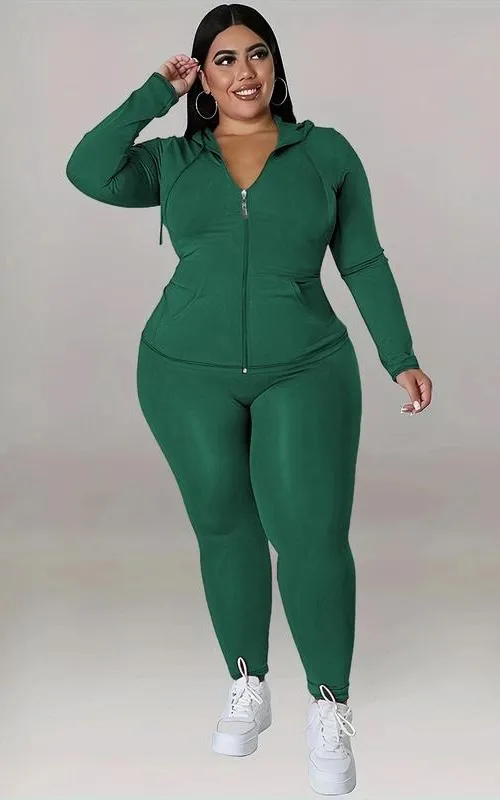 Plus Size Solid Zip Up Hooded Top & Skinny Pants Set