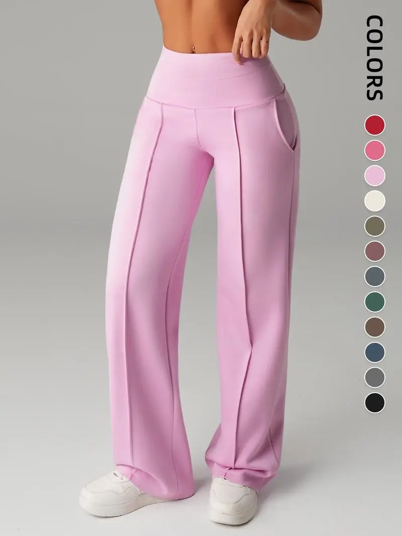 Women's Plain Loose Straight Leg Pants, Wide Leg High Waist Sporty Casual Sweatpants with Pockets