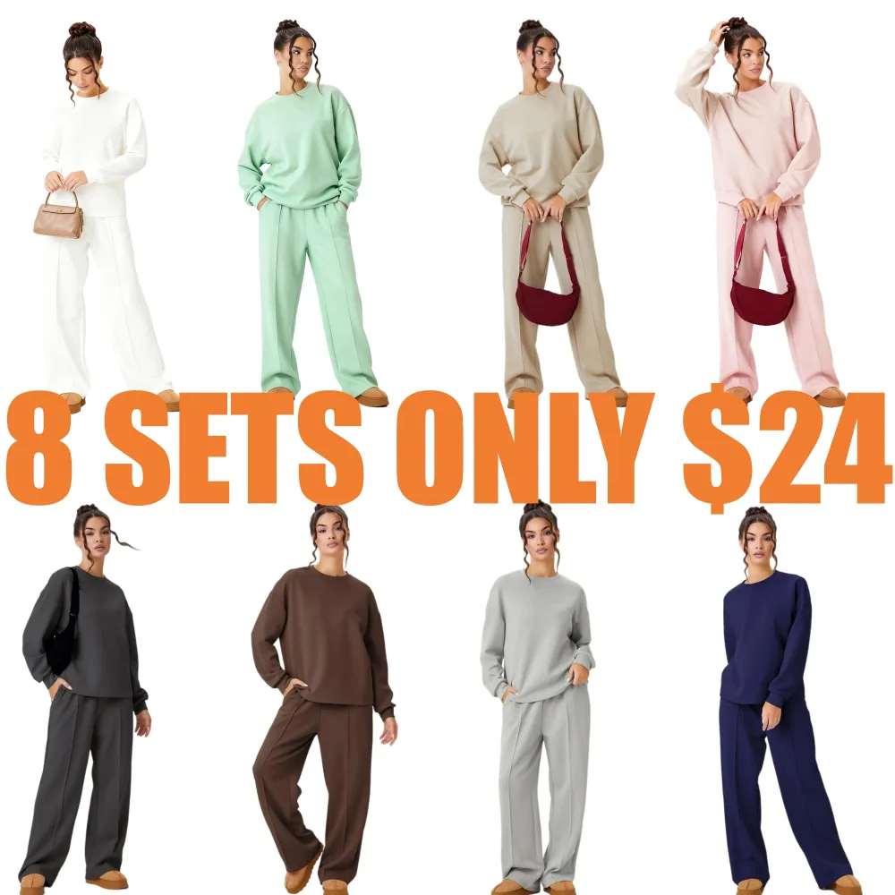 Women's Casual Solid Color Loose Long Sleeve Top & Exposed Stitches Trousers Co-ord