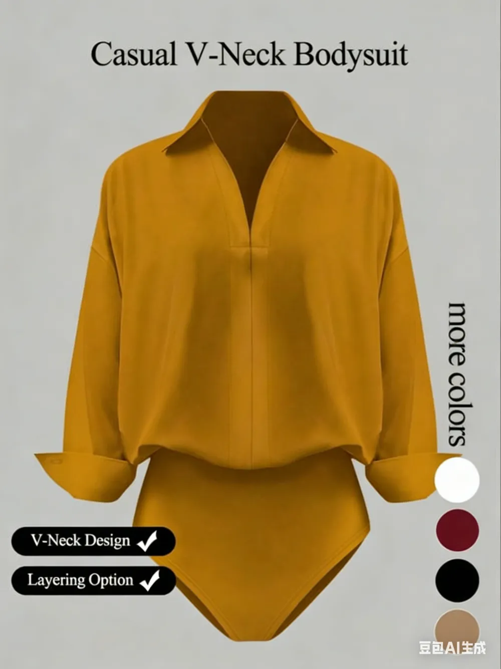 Women's casual loose-fitting V-neck long-sleeved shirt jumpsuit, made from elegant woven fabric