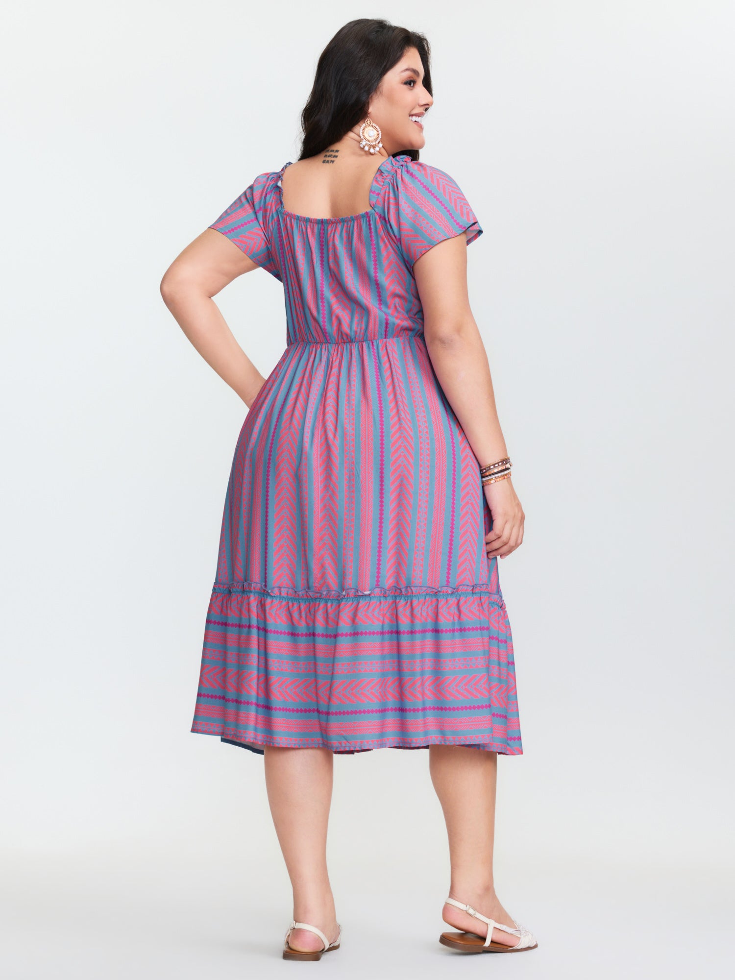 Colorful Stripes Shirred Bodice Ruffled Midi Dress