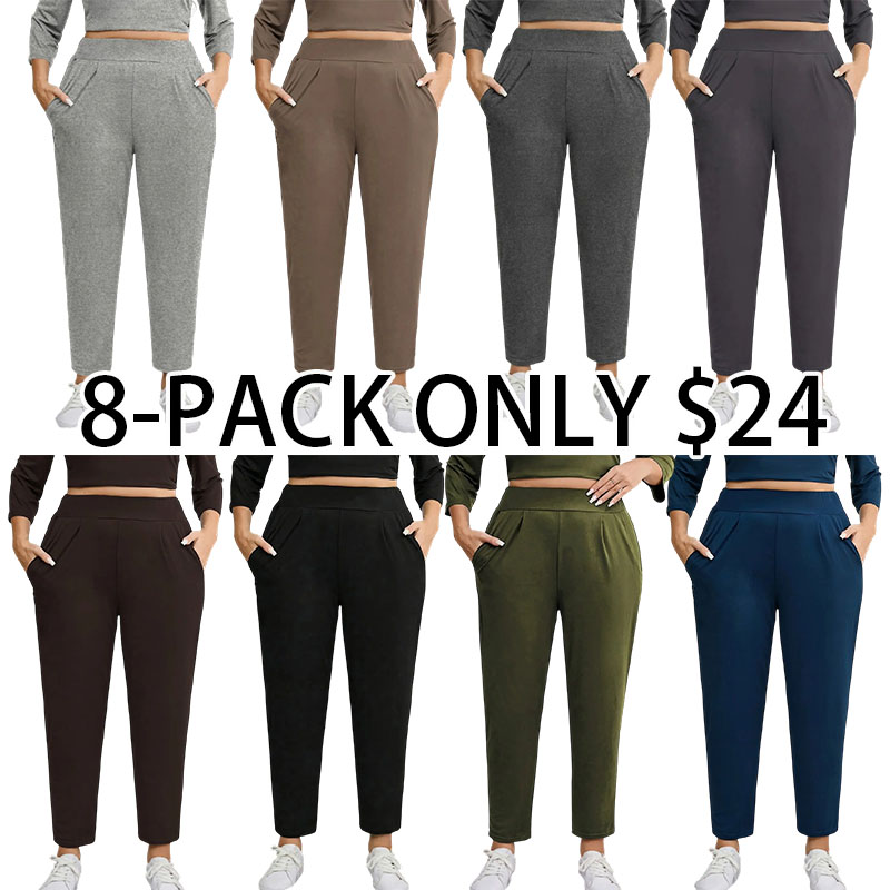 Women Plus Size Solid Plicated Pocket Elastic Waist Joggers
