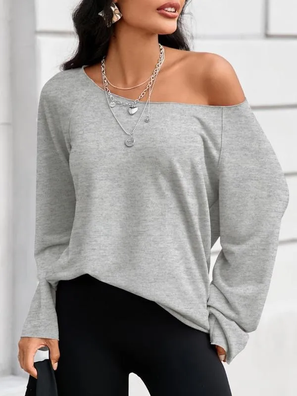 Womens Off the Shoulder Sweatshirts Wide Neckline Oversized Pullovers Long Sleeve