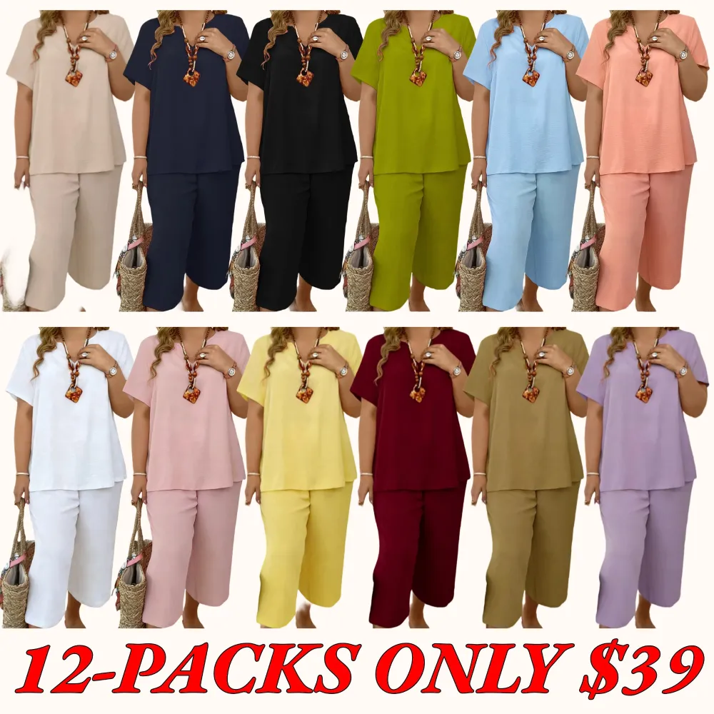 Elegant Plus-Size Women's Set: Solid-Color Short-Sleeve Fashion Top & Casual Wide-Leg Pants