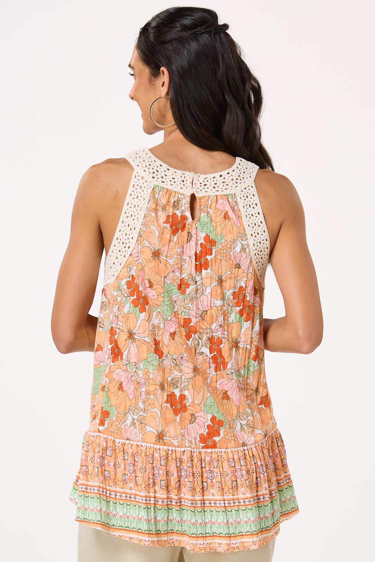 Melon Floral Crochet Trim Tank