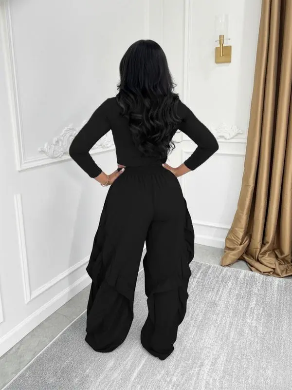 Women's Slim-Fitting Top & Wide-Leg Patchwork Ruffle Pants Set