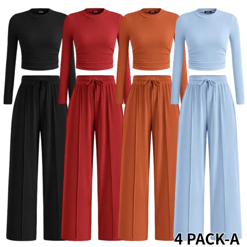 Two-piece ribbed knit long-sleeved cropped top and wide-leg pants