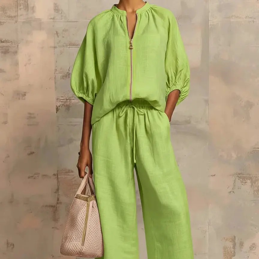 Chic Linen-Blend Quarter-Zip Lounge Set - Effortless Two-Piece Summer Outfit