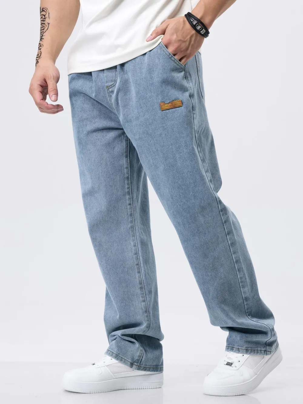 Men's Drawstring Elastic Waist Jeans, Washed Vintage Straight Leg Plain Denim Jeans