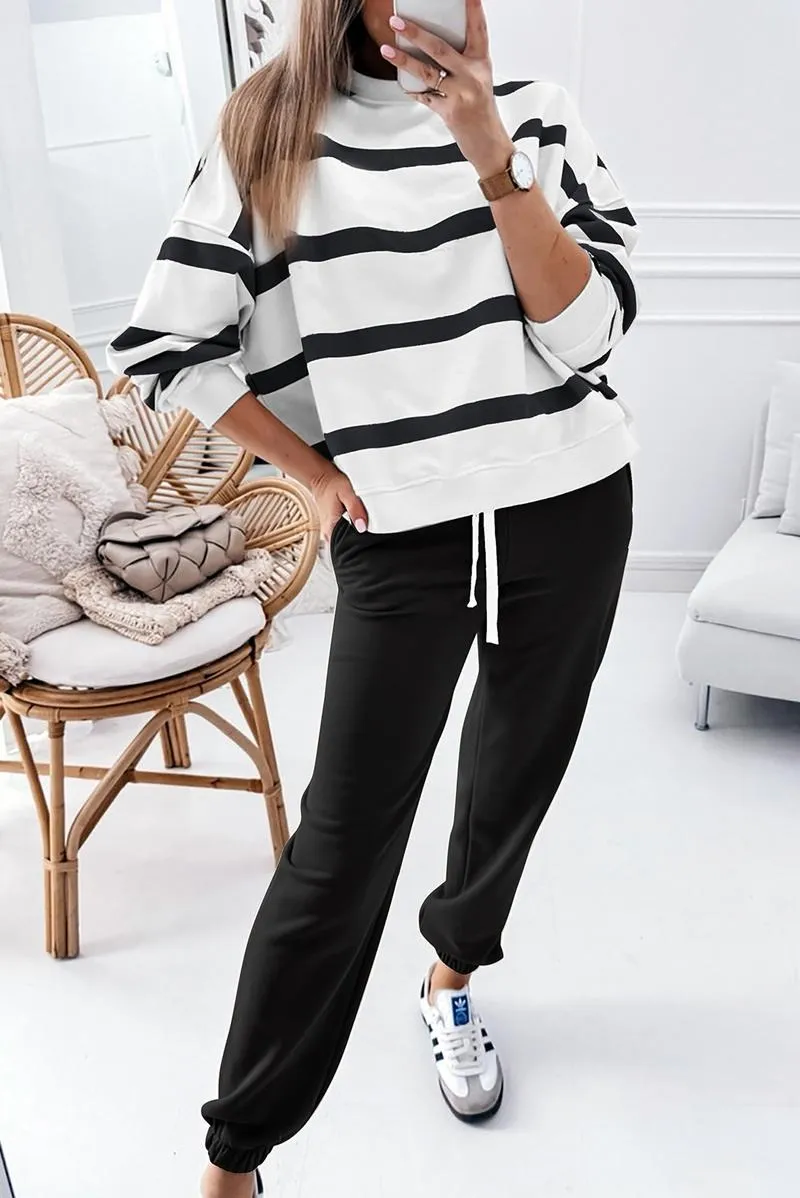 Women's Striped Two Piece Outfit Long Sleeve Drop Shoulder Pullover Tops & Jogger Pants Sets