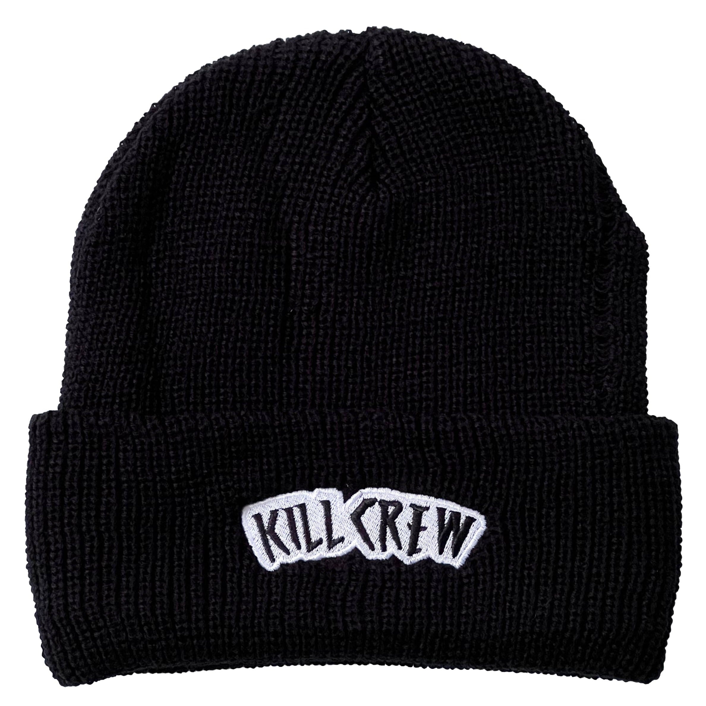 EMBROIDERED CUFFED BEANIE - BLACK / WHITE
