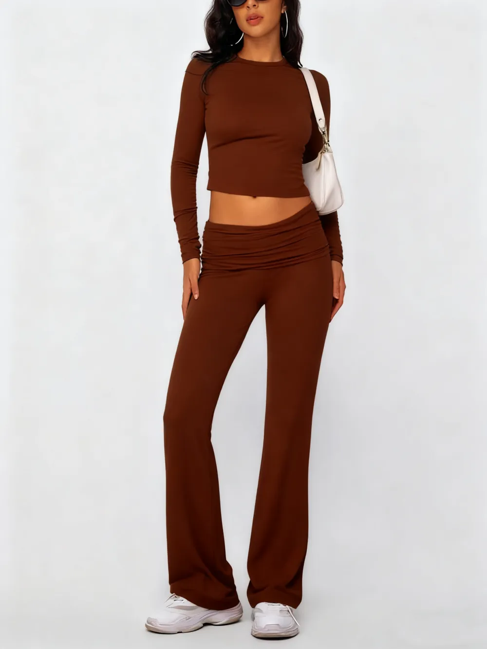 Casual Longsleeves Crop Tee & Fold Over Waist Flare Leg Pants Set