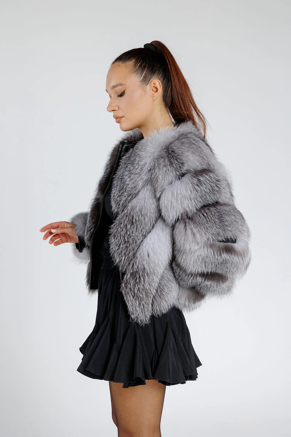 Haină din Blană Naturală de Vulpe Argintie, Transformabilă, V Model, cu Glugă Detașabilă, Femei, Grey Frost 379