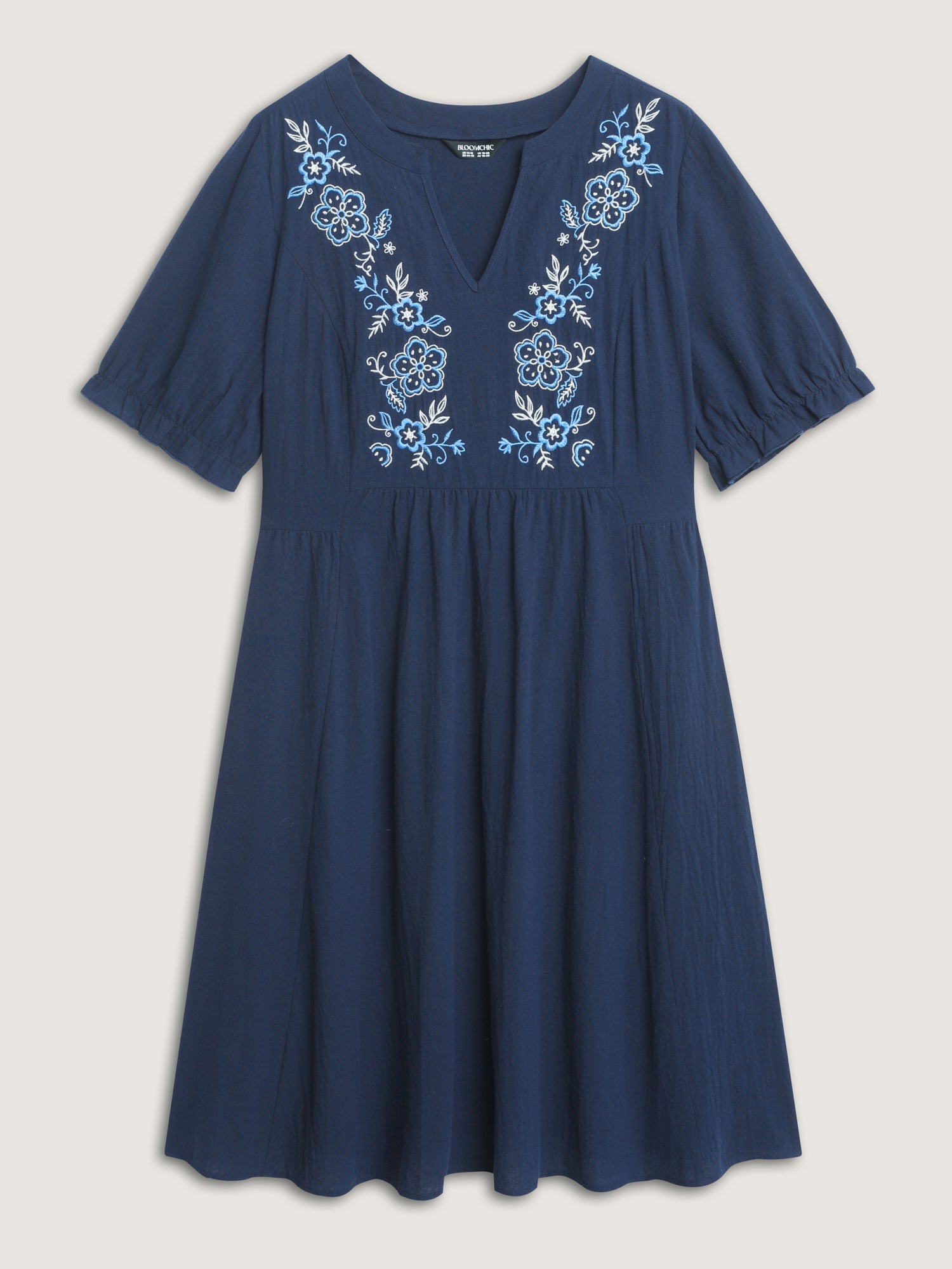Cotton Floral Embroidery Notched Collar Mini Dress