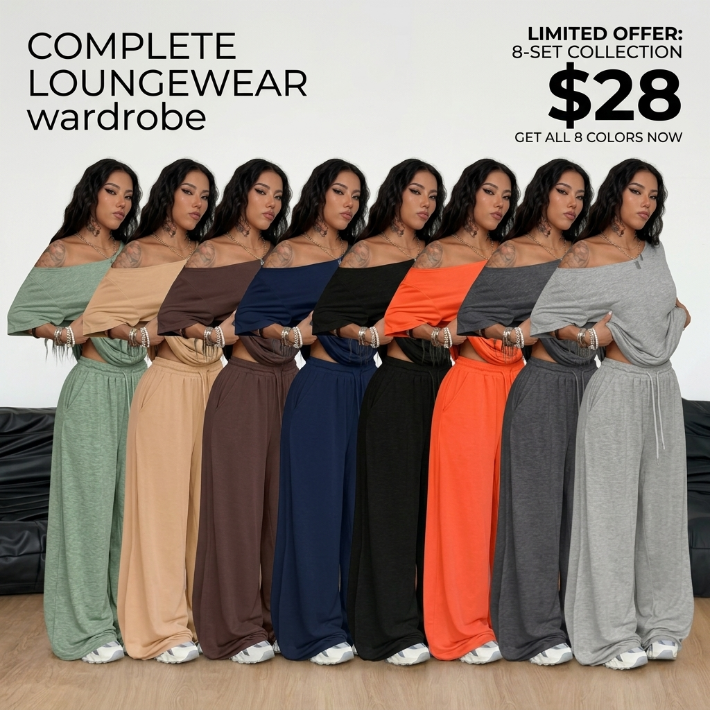 【Stock Up Deals】Minimalist 2-Piece Set: Comfy Off-Shoulder Top & Flowy Wide-Leg Pants