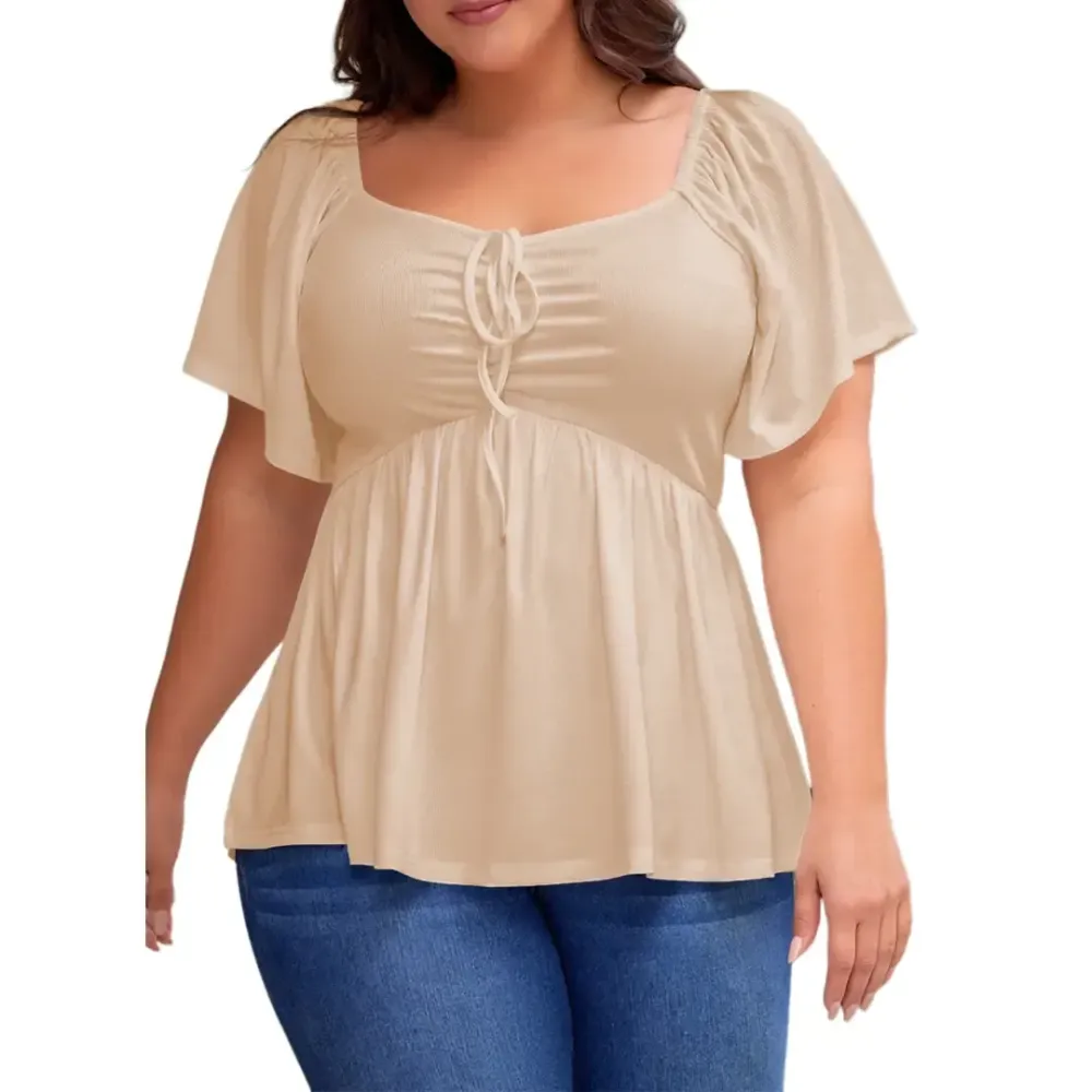 Women Plus Size Sweetheart Neck Short Sleeve Shirred Peplum Blouse Tops Shirts