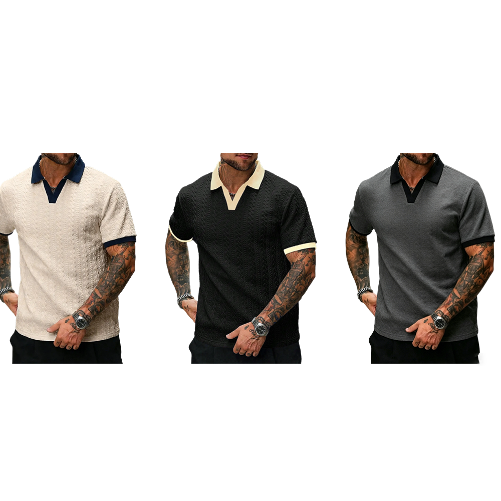 Men's Retro Colorblock Polo Shirt, Textured V Neck Short Sleeve Top, Casual Street Style, Summer Fashion, Fitted Leisurewear