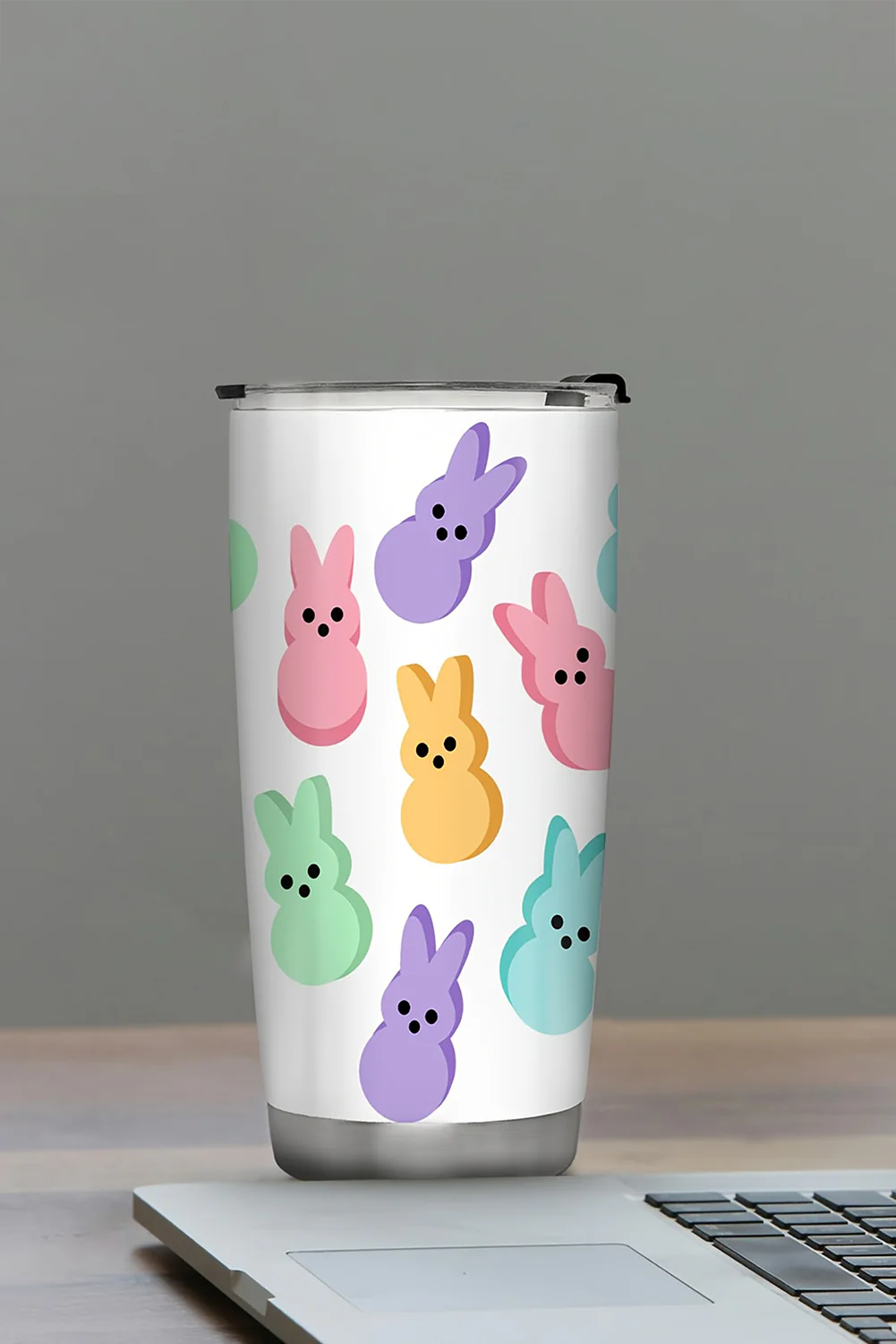White Cute Bunny Printed Stainless Steel Thermal Vacuum Cup 20oz