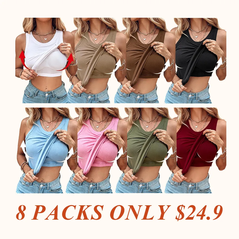 Round Neck Built-in Bra Ribbed Tank Top