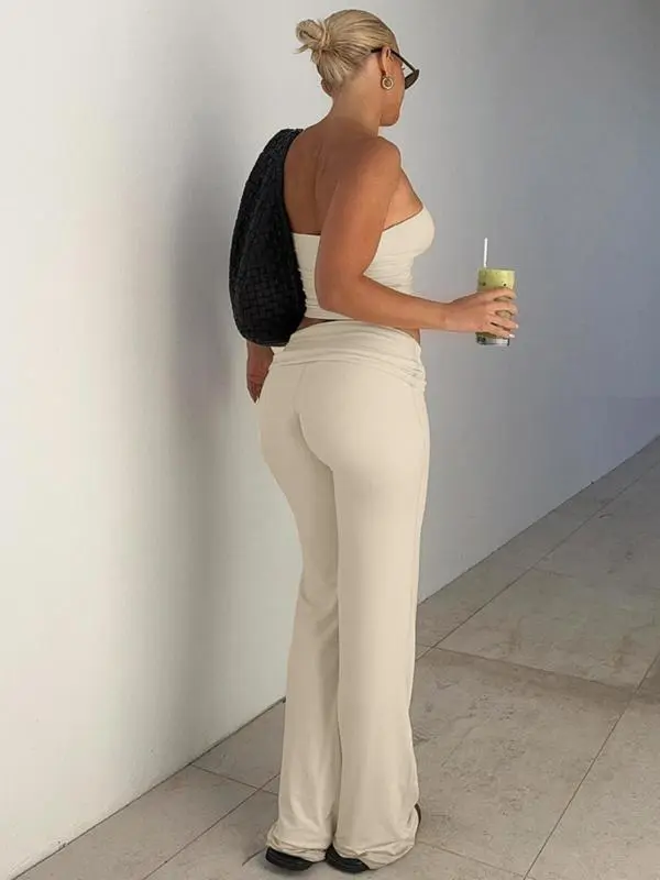 Two-Piece Set Women's Solid Crop Tube Top & Foldover Waist Flare Leg Pants