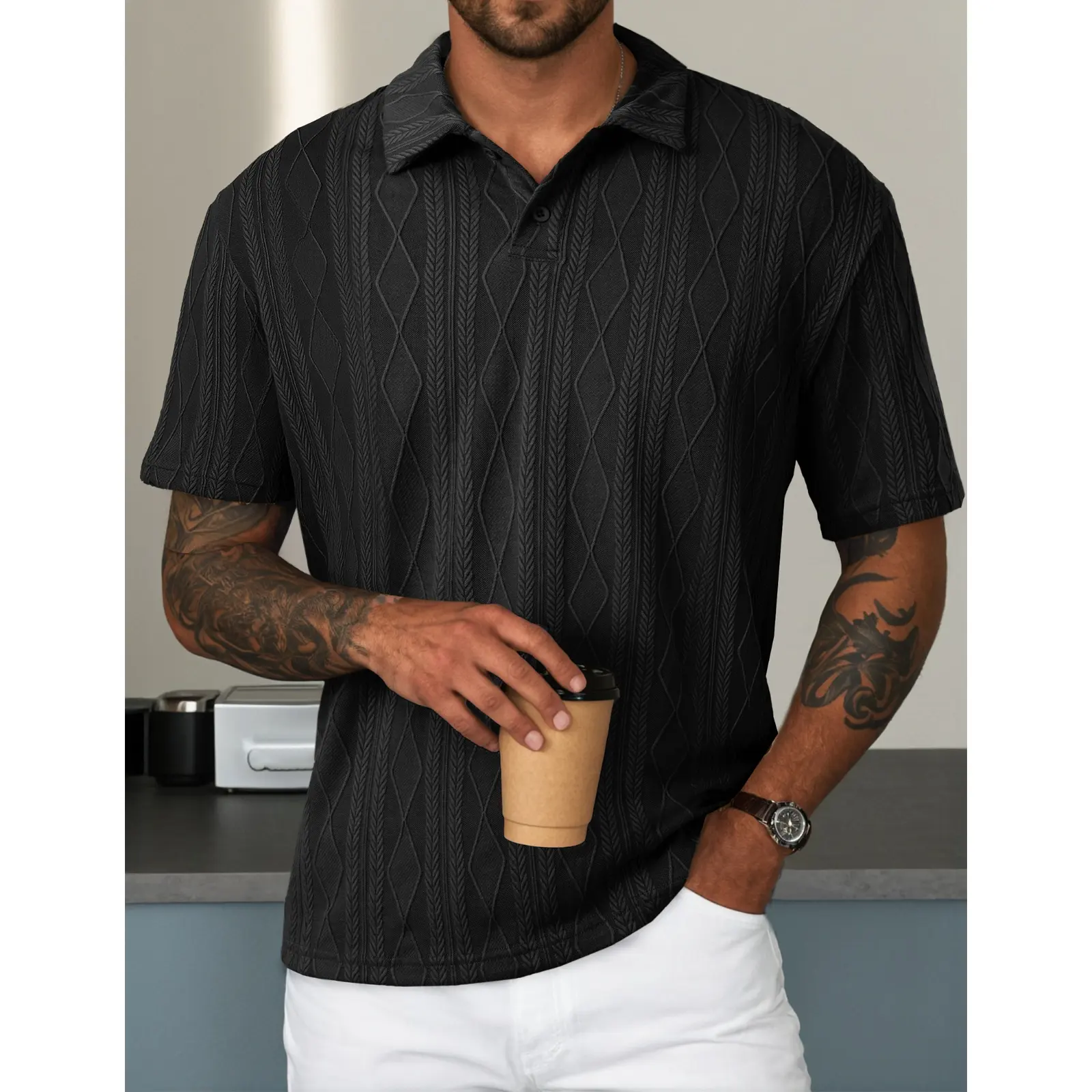 Men Casual Polo Shirt Short Sleeve Textured Beach Button Knit Stretchy Classic Shirts