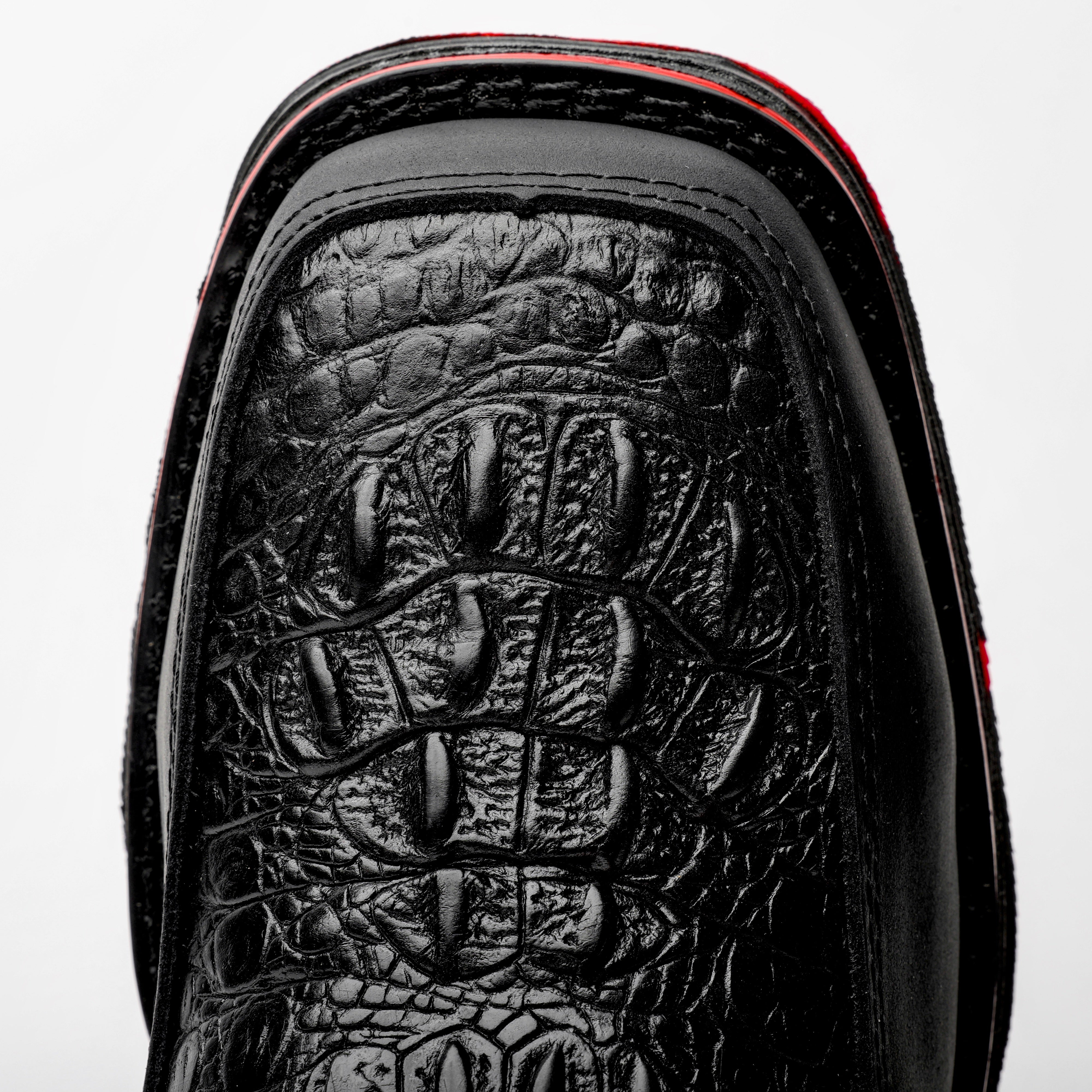 Black Caiman Leather Botin With 3D Lightweight Soles - Square Toe