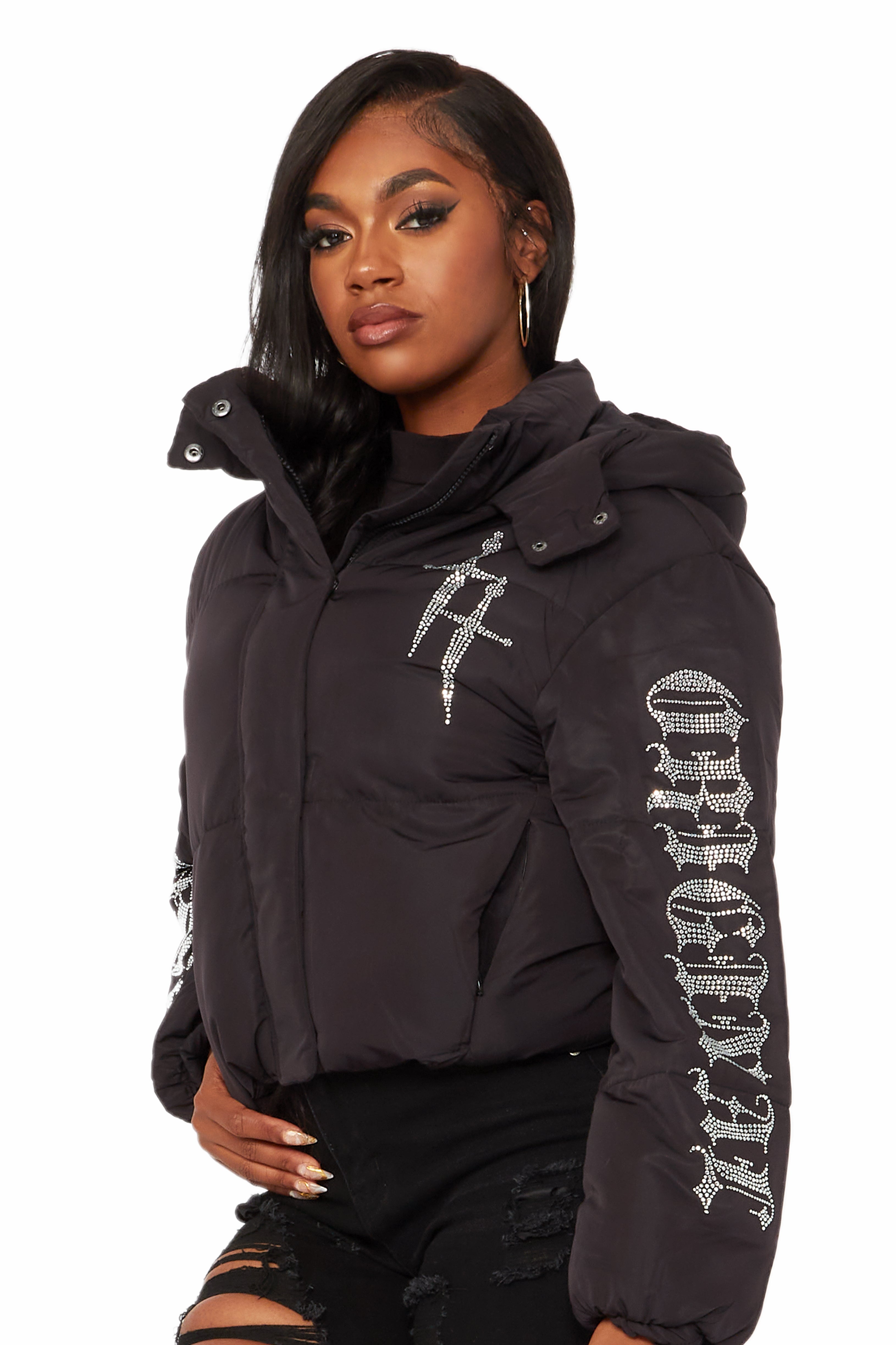 Kalisha Black Rhinestone Puffer Jacket