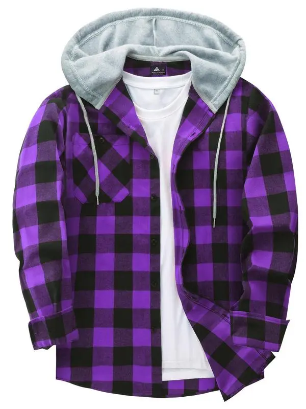 Men's Plaid Print Button Front Drawstring Hooded Shirt, Regular Fit Casual Pocket Long Sleeve Outerwear