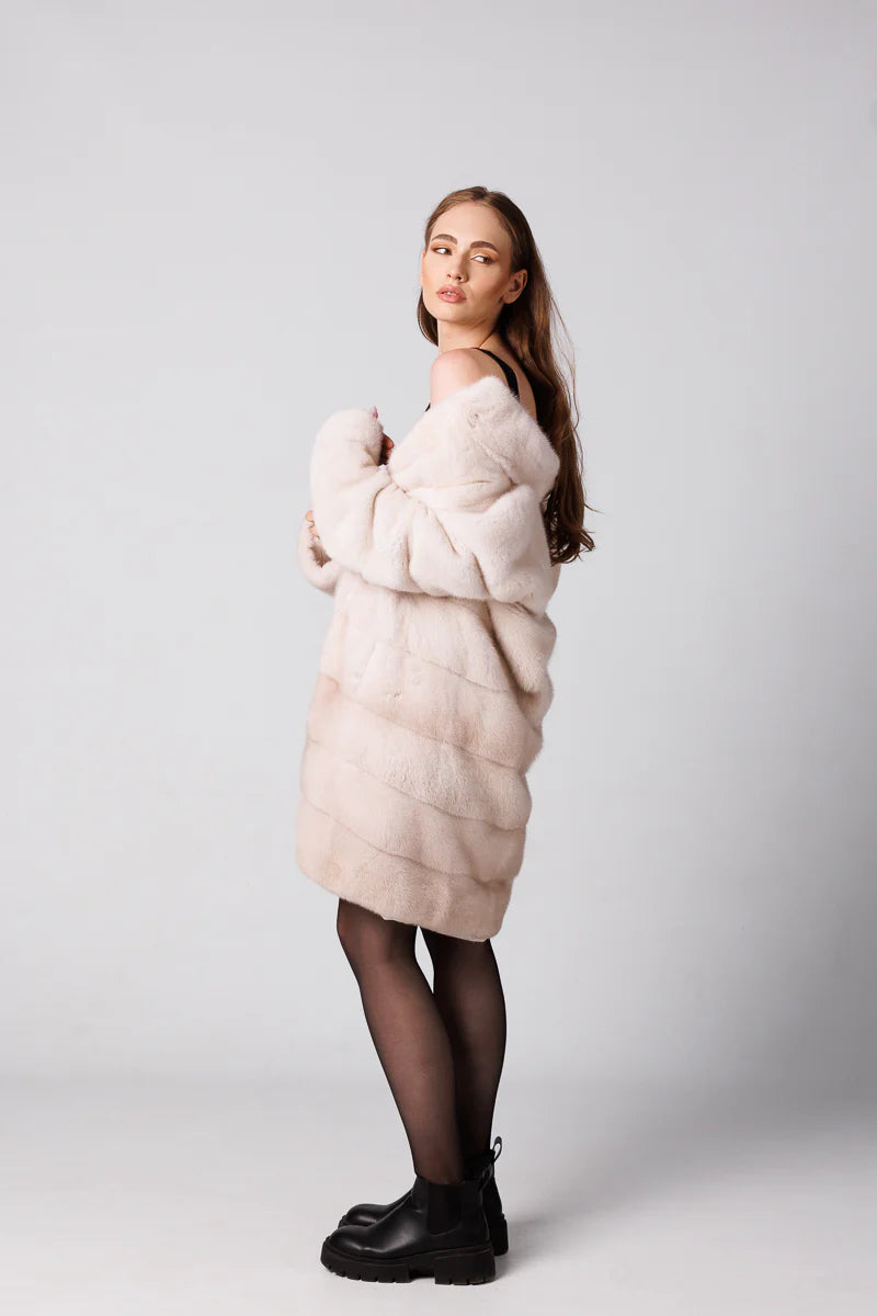 Haină din Blană Naturală de Vizon, Femei, Pearl 221