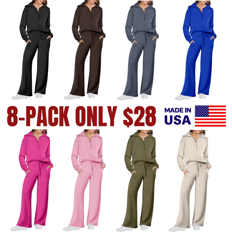 🔥Final Day Clearance!🛒Women's 2 Piece Outfits Casual Lapel Half Zip Sweatshirts And Wide Leg Pants Tracksuit Sets🔥8-PACK ONLY $28🔥