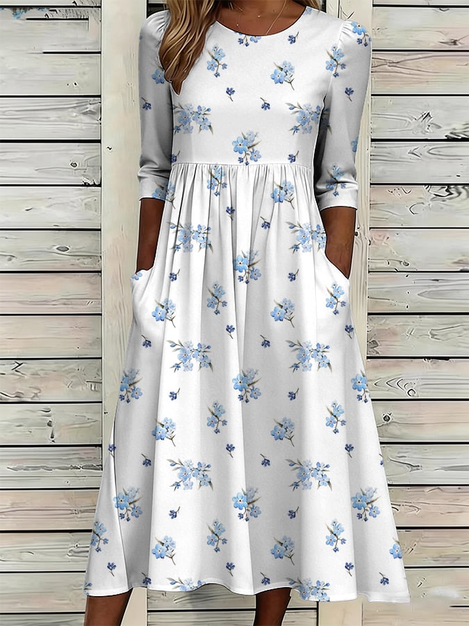 Women's Casual Solid Color Round Neck Mid-Sleeve Floral Print Cotton Linen Dress- Fast Shipping