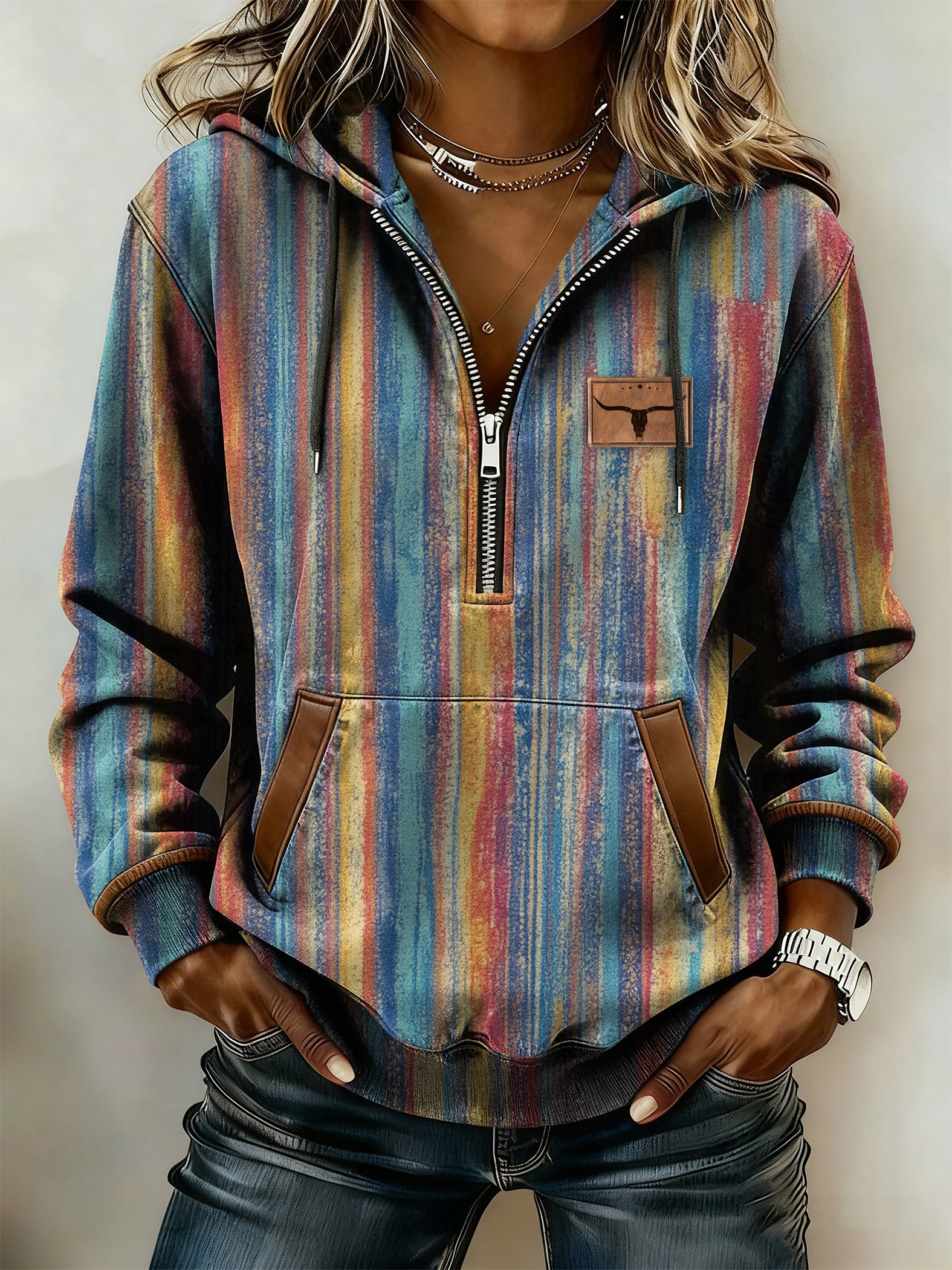 Women's Casual Retro Western Print Zip-Up Sweatshirt