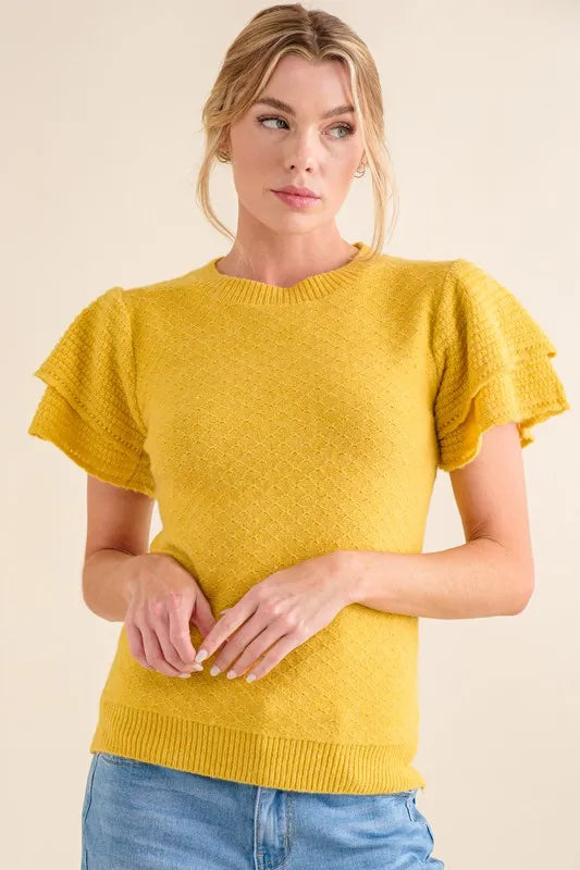 Double Layered Ruffle Sleeves Sweater Top