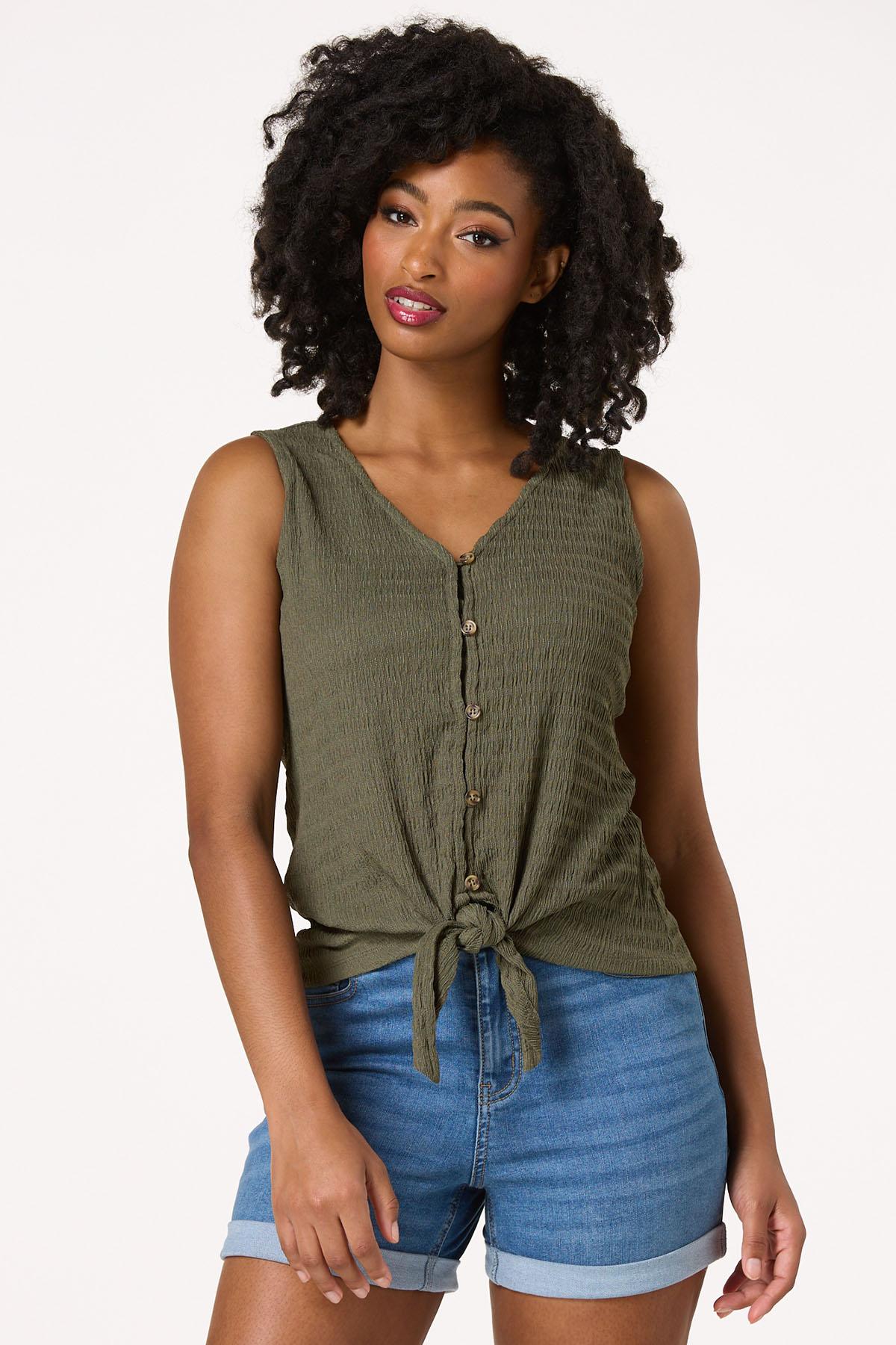 Textured Button Tie Hem Tank