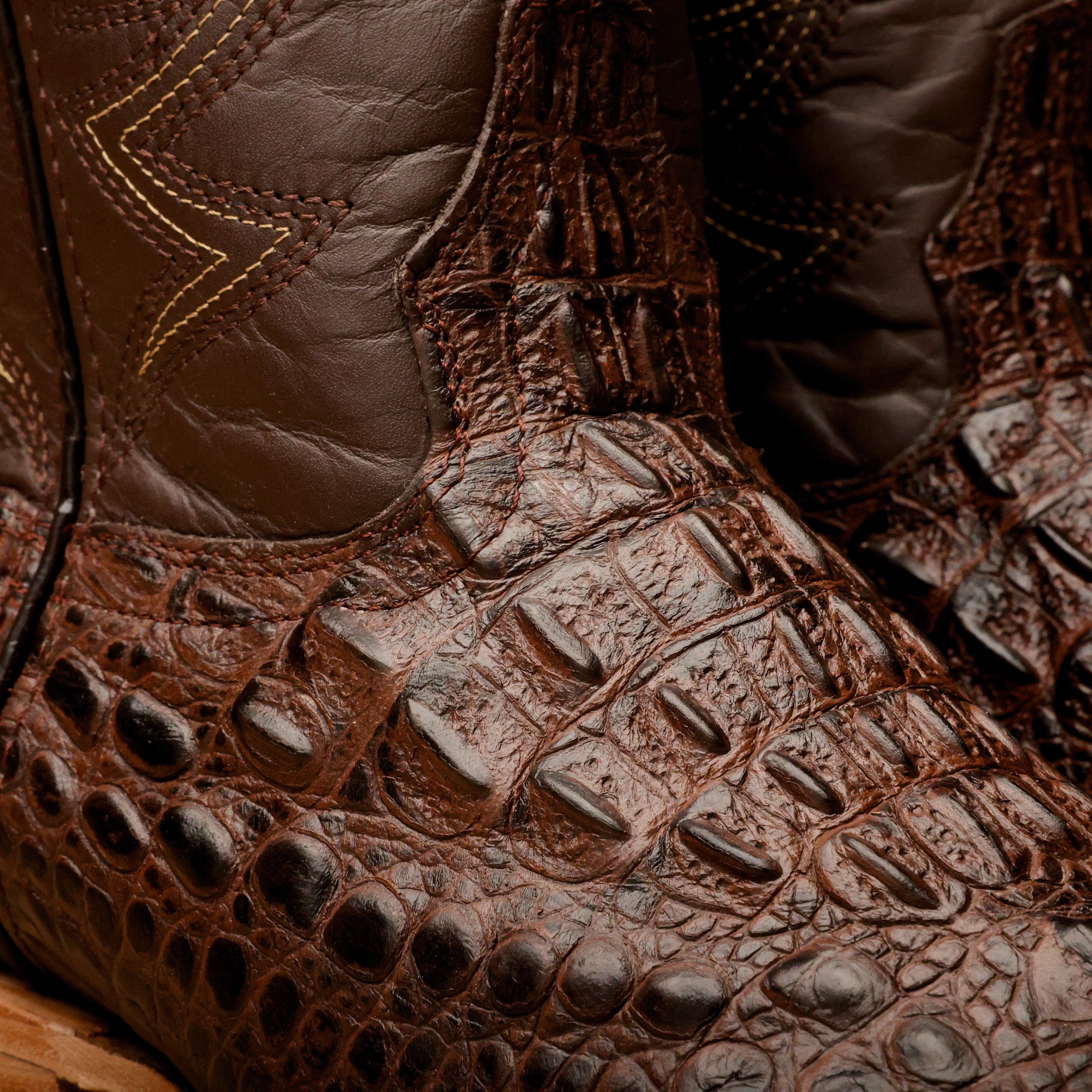Brown Caiman Neck Leather Boots - Square Toe