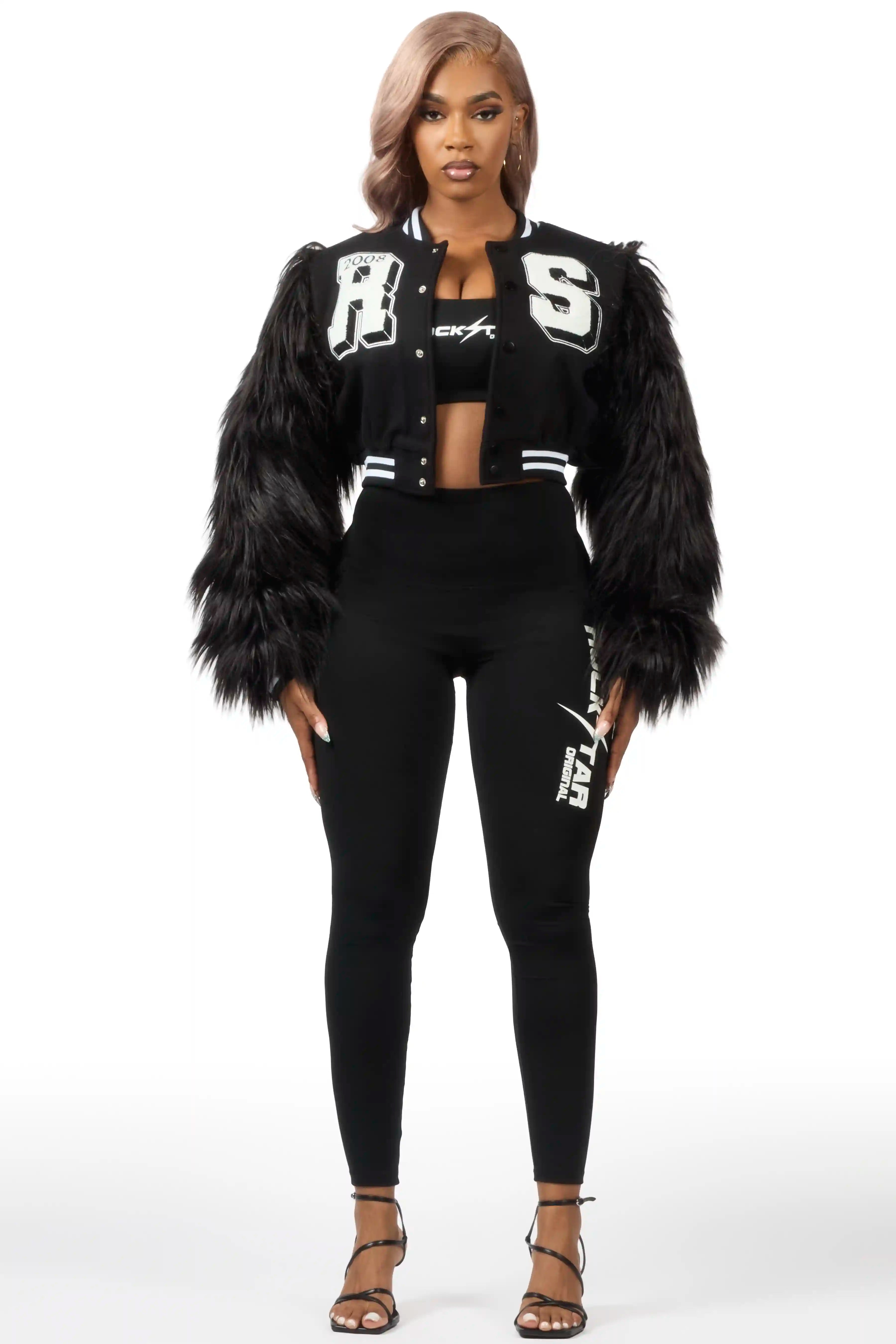 Jameicia Black Fur Sleeve Varsity Jacket