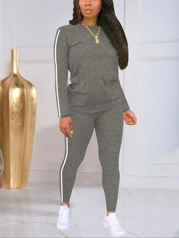 Women's Striped Print Long Sleeve Top & Pants Two-piece Set