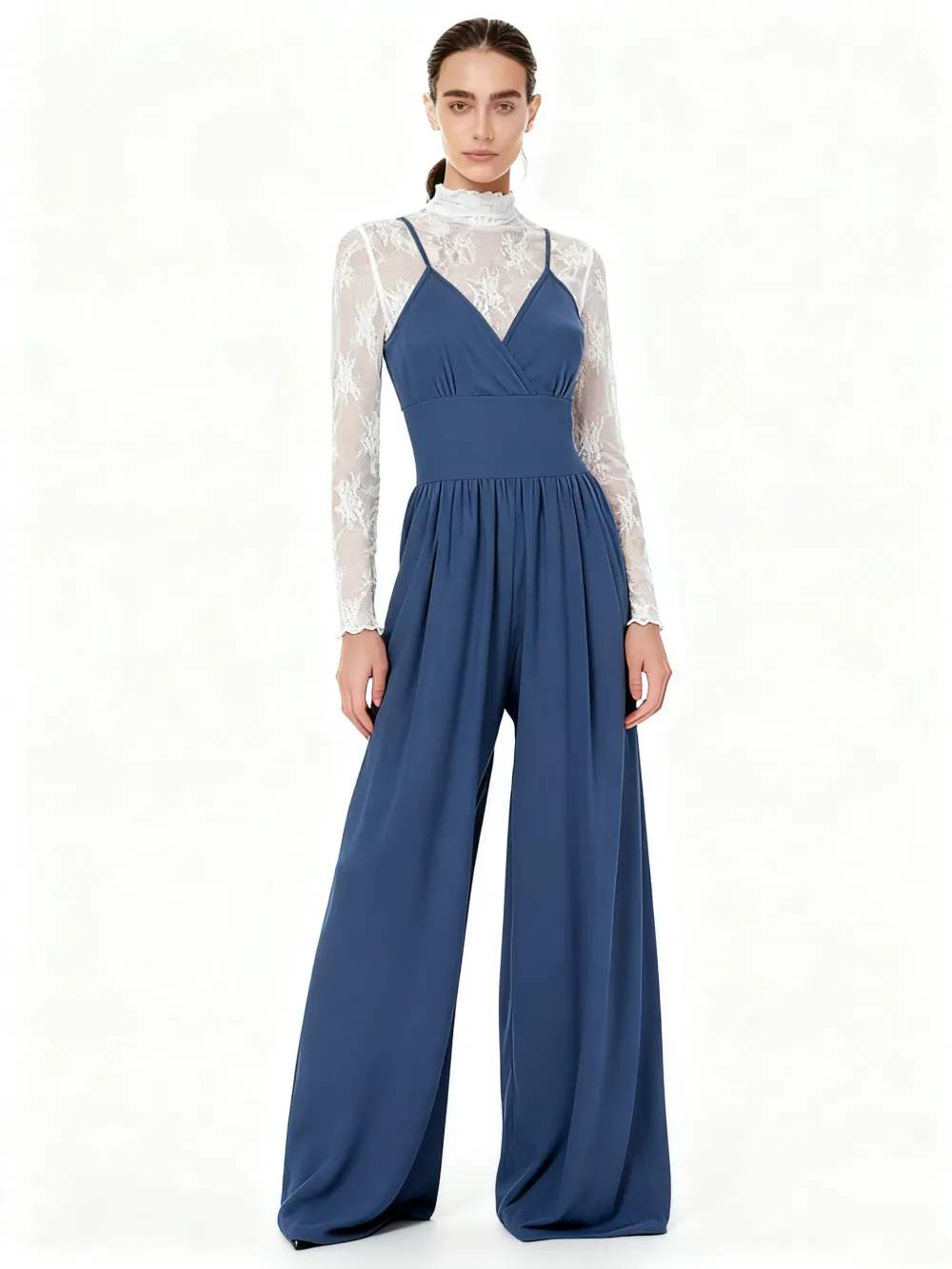 Women's Solid Color Lettuce Trim Mock Neck Sheer Lace Top & Pocket Wide Leg Cami Jumpsuit