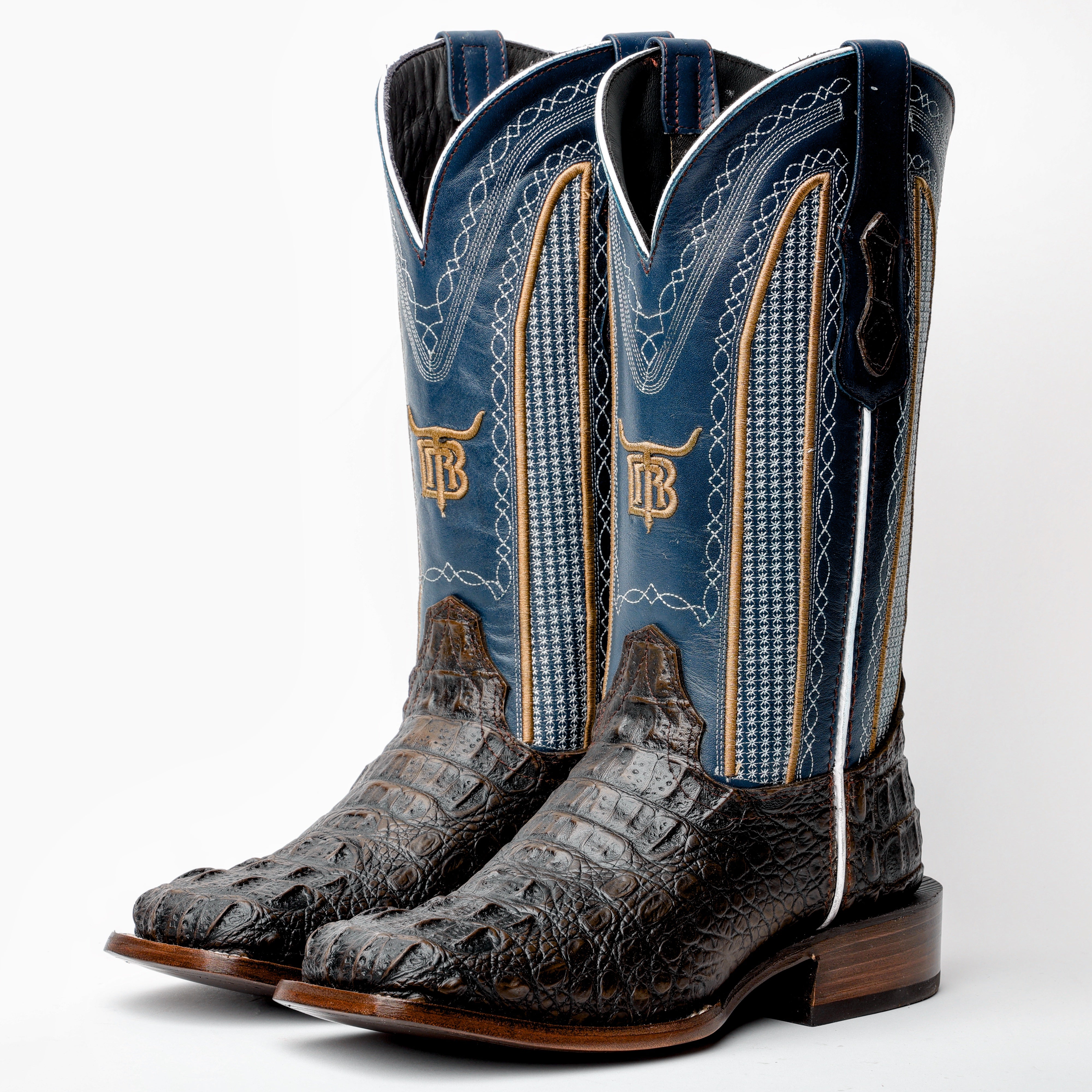 Dark Chocolate Caiman Neck Leather Boots - Square Toe