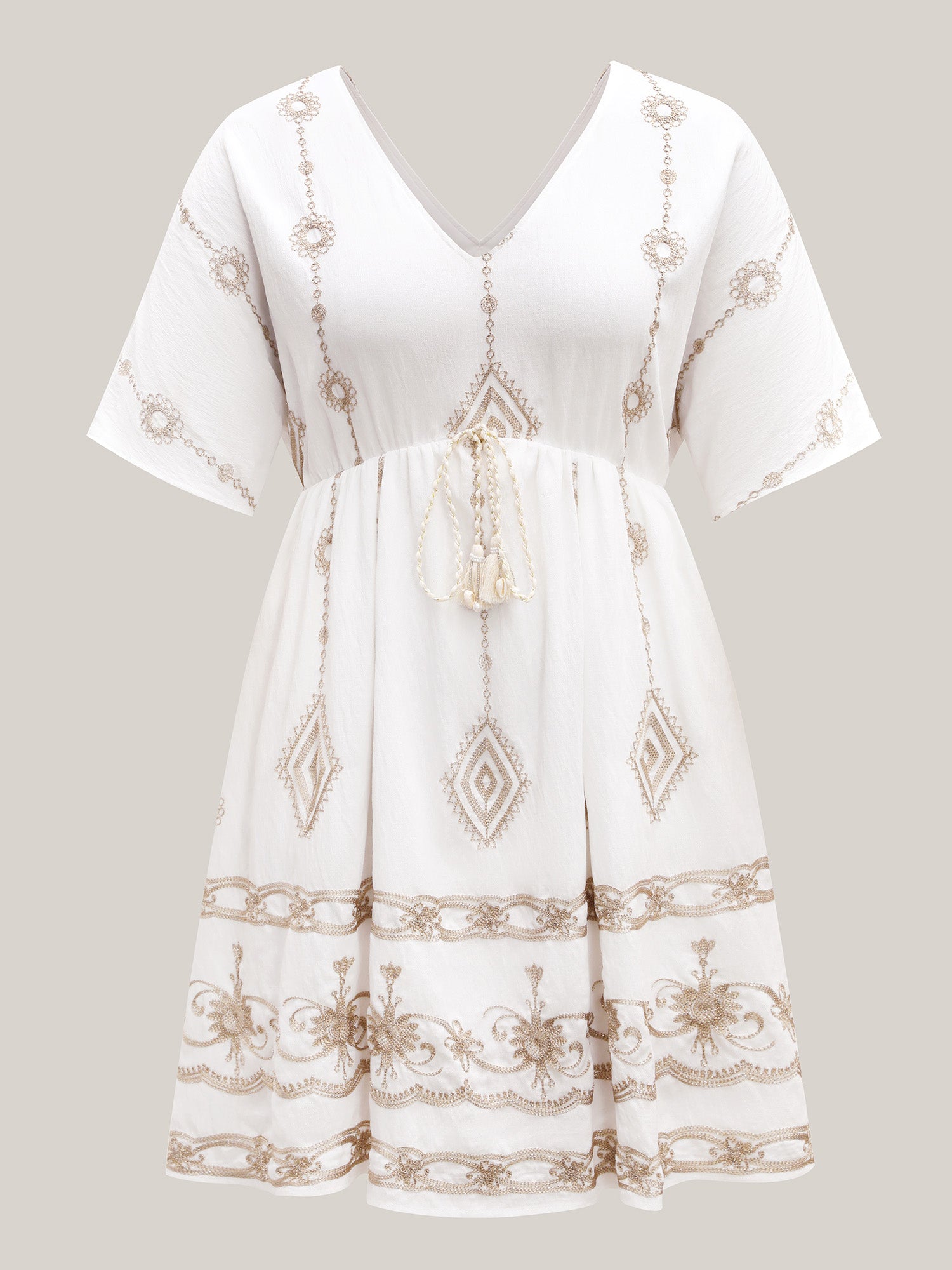 Boho Embroidered Waist Tie Mini Dress