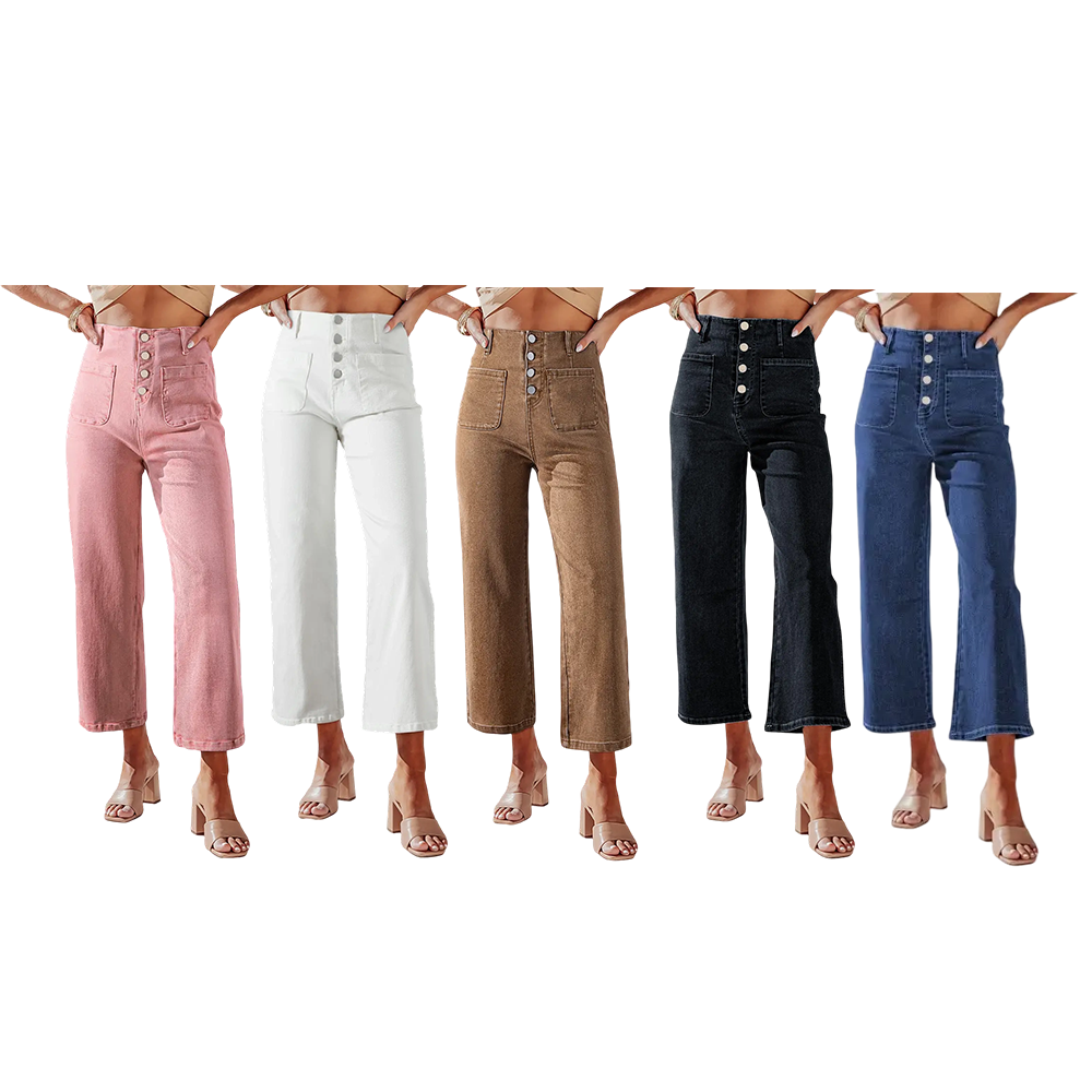 Women's Wide Leg Jeans High Waisted  Stretchy Straight Leg Jeans Buttoned Loose Denim Pants with Pocket