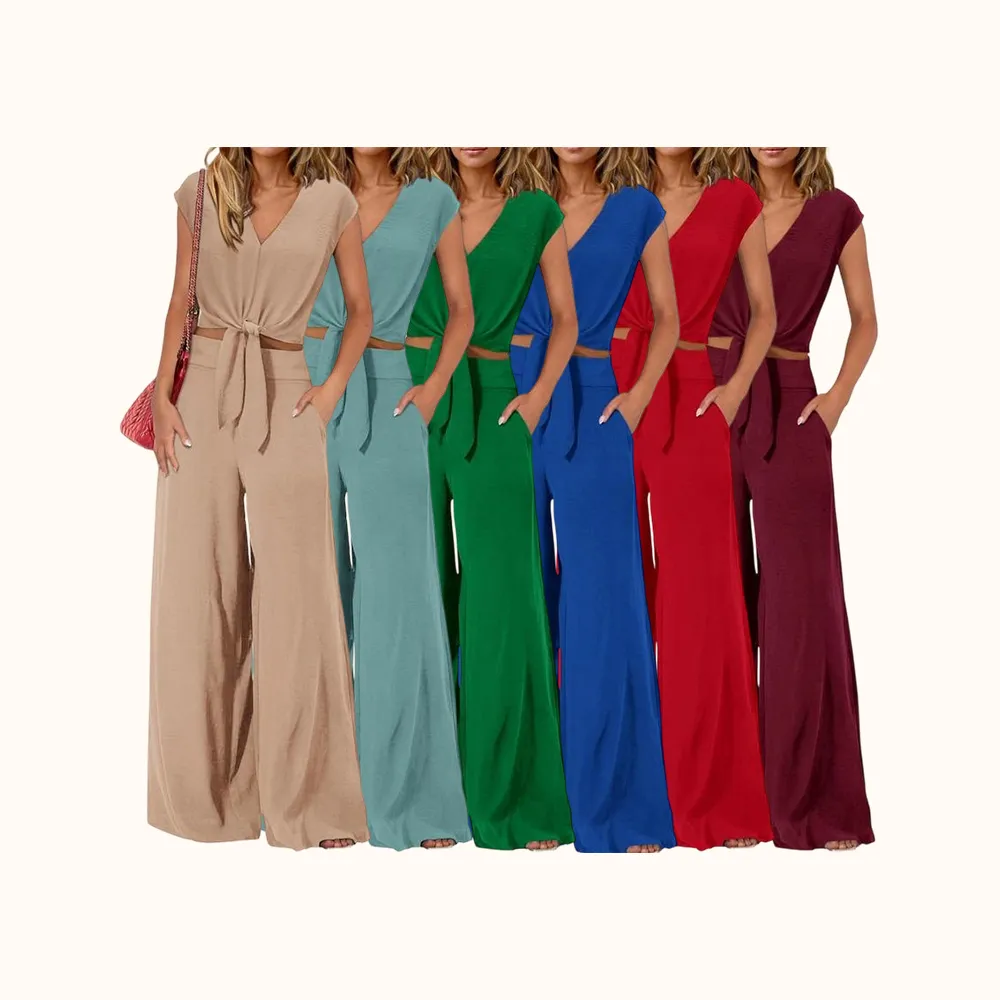 Women's Summer 2 Piece Outfits Cap Sleeve V Neck Belted Crop Tops Wide Leg Pant Sets