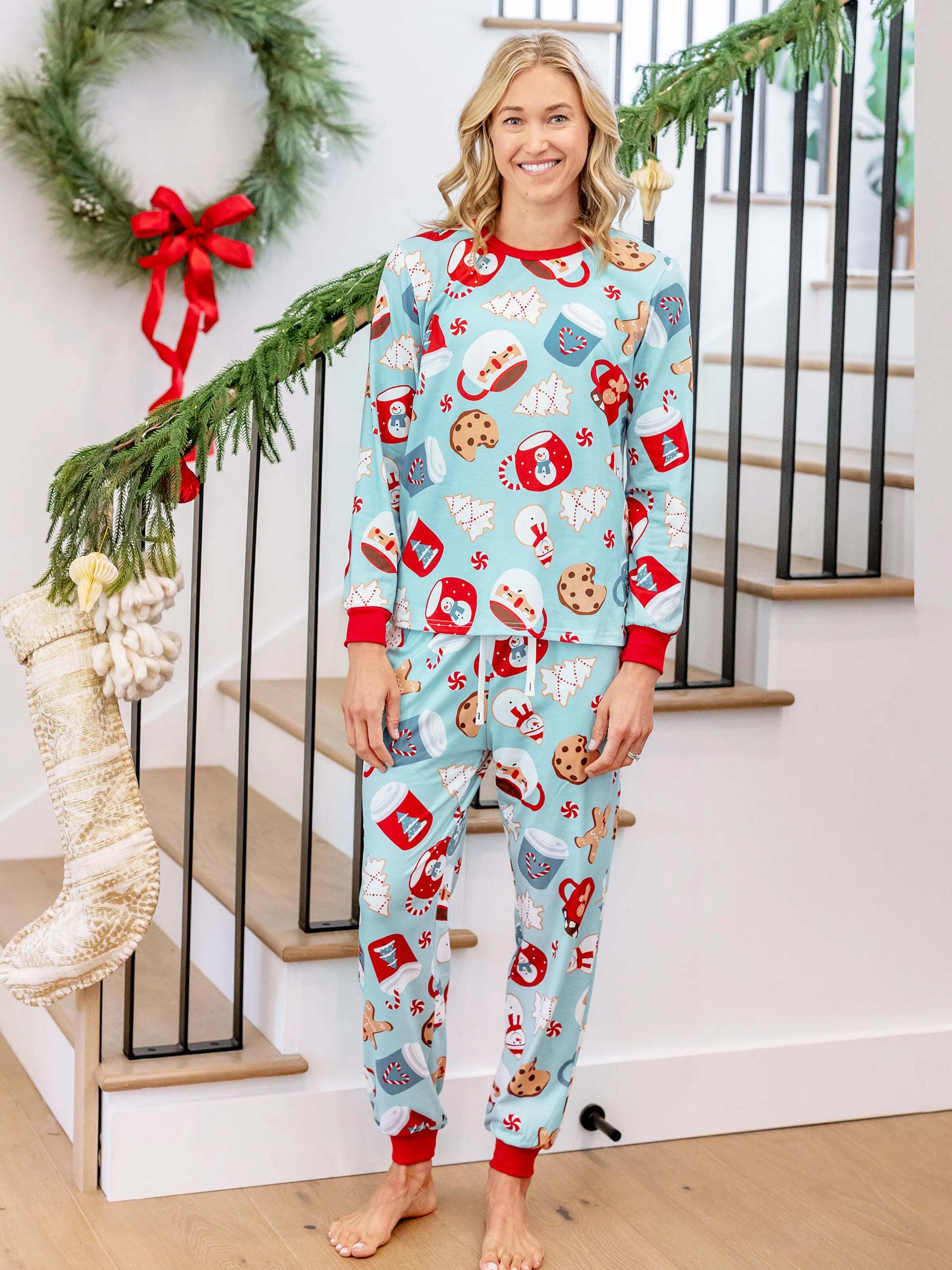 Christmas Matching Family Pajamas Set Gingerbread Print Blue and Red PJS with Christmas Socks Light Blue